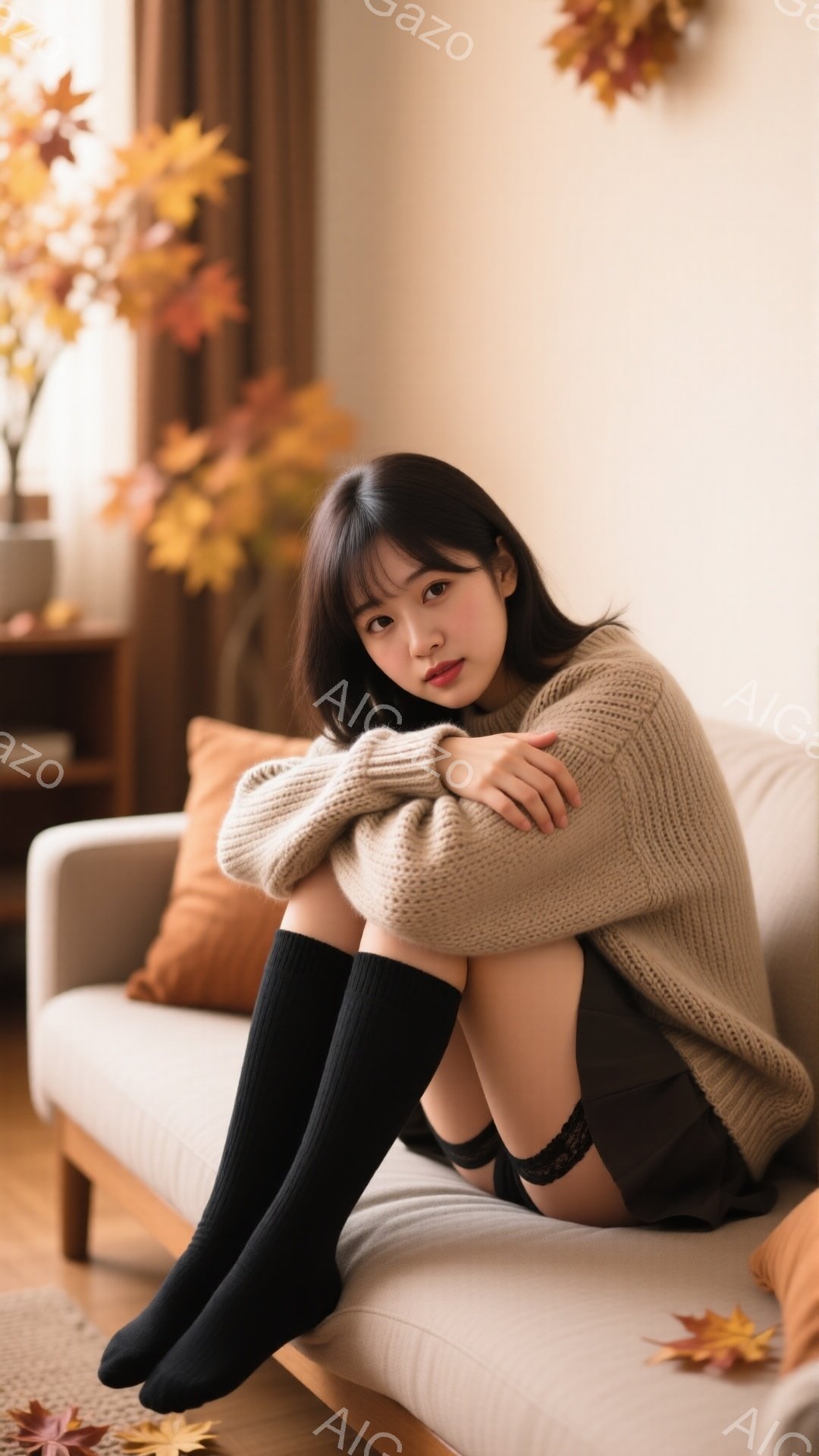 明るいリビングルームで、ベージュのざっくりとしたセーターを着た若い女性がソファに座って膝を抱えています。黒いニーハイソックスを履き、控えめなメイクで少し微笑んでいます。背景にはオレンジ色のクッションと、秋らしい色の葉が飾られた花瓶があり、暖かく落ち着いた雰囲気が漂っています。