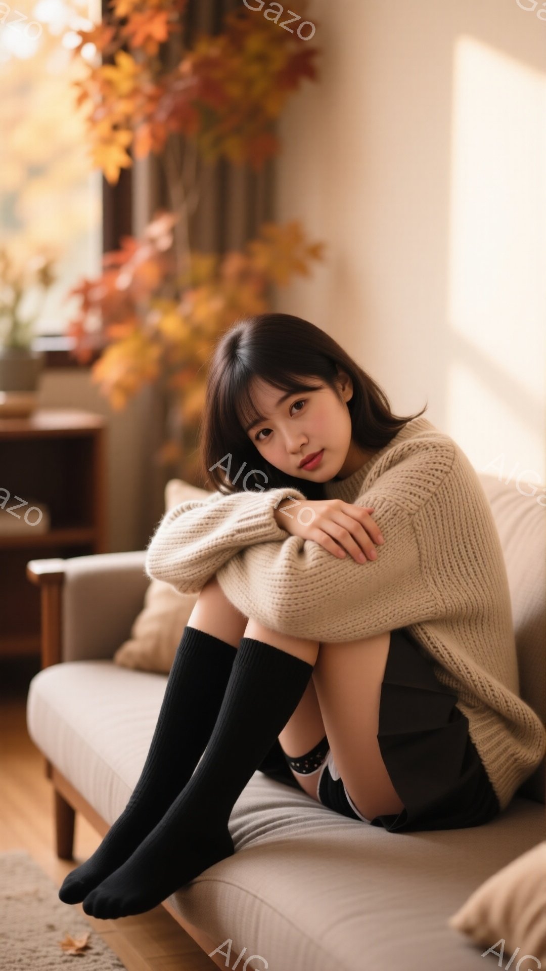 モデルはベージュのざっくりとしたニットセーターと黒い膝上ソックスを着用し、グレーのソファに膝を抱えて座っています。彼女は少し微笑んでおり、髪は肩までの長さで、前髪が額にかかっています。背景には木製のキャビネットと、秋らしい紅葉の枝が見え、室内は温かく穏やかな雰囲気です。