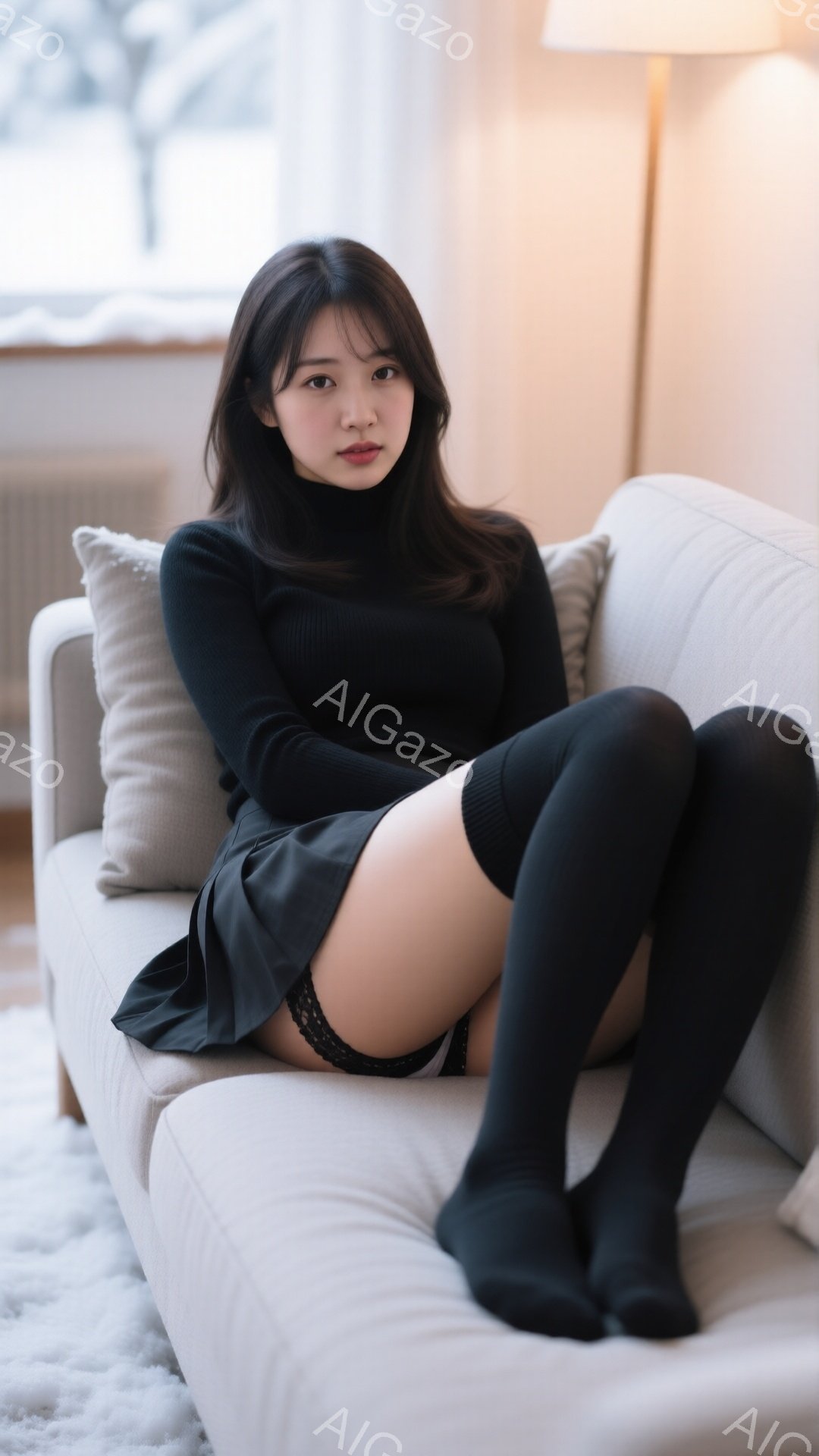 長い黒髪を肩にかける女性が、クリーム色のソファに座ってこちらを見ている。黒のタートルネックセーターとミニスカート、そして膝丈の黒いソックスを着用しており、表情は少し控えめで落ち着いている。背景は、窓か - AI生成フリー素材