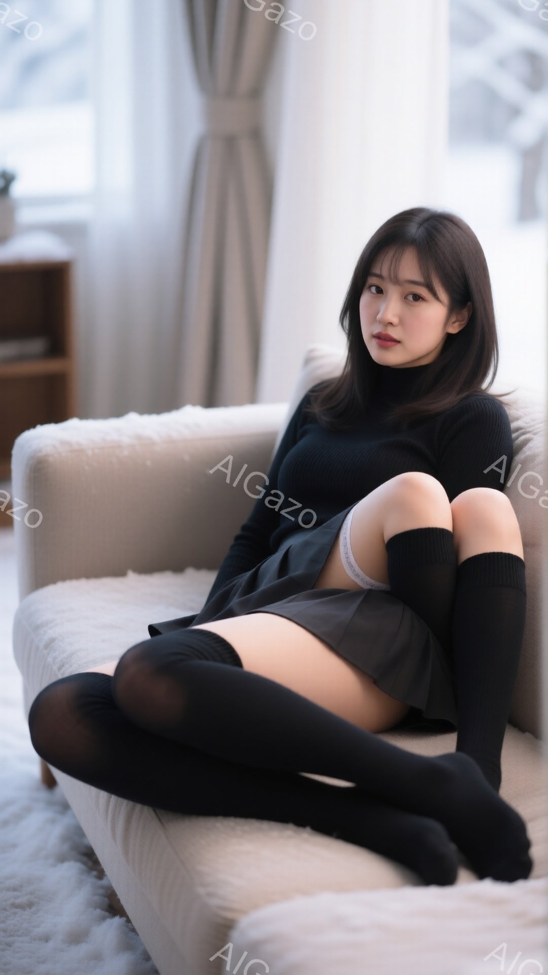 長い黒髪の女性がベージュのソファに座っており、黒いタートルネックセーターとグレーのプリーツスカートを着用しています。彼女は足を組んで座り、黒いオーバーニーソックスを履いています。背景には家具が見え、部 - AI生成フリー素材