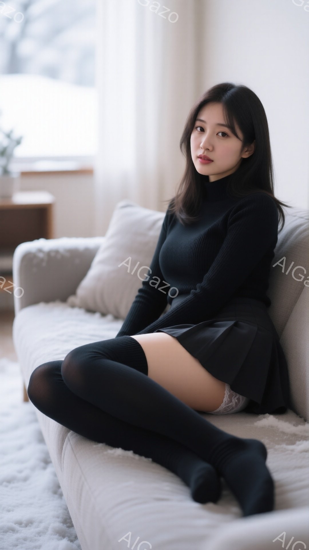 黒いタートルネックセーターと短いプリーツスカートを身につけた若い女性が、ベージュのソファに座っています。彼女は長い黒いソックスを履いており、ストレートでダークブラウンの髪が肩にかかっています。背景には - AI生成フリー素材
