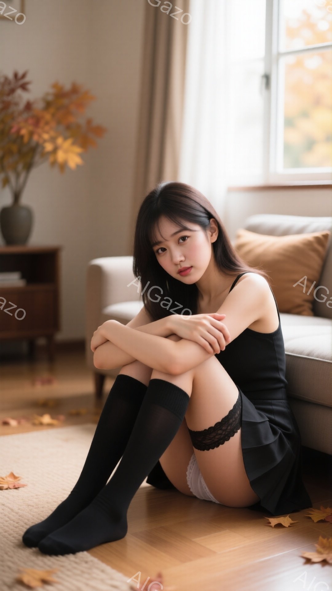 黒いニーハイソックスとキャミソール、プリーツスカートを着た若い女性が床に座って膝を抱えています。彼女は少し憂いを帯びた表情で、長い黒髪が肩にかかっています。背景にはソファ、観葉植物、そして秋の落ち葉が - AI生成フリー素材