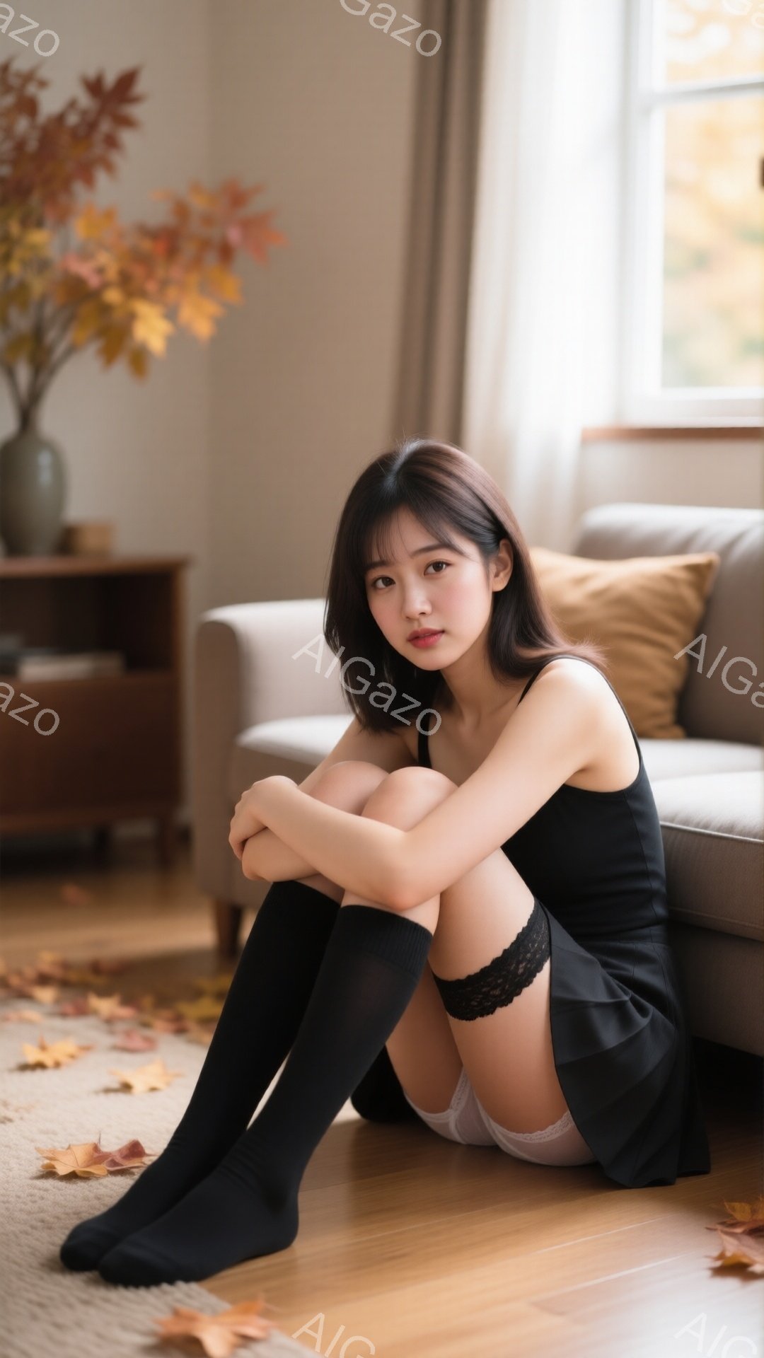 黒いニットのキャミソールと短いプリーツスカートを身につけた若い女性が、フローリングの床に膝を抱えて座っています。彼女は黒いハイソックスを履き、少し憂いを帯びた表情でカメラを見ています。背景には、ソファー、暖炉、秋の落ち葉が見え、穏やかで物憂げな雰囲気を醸し出しています。