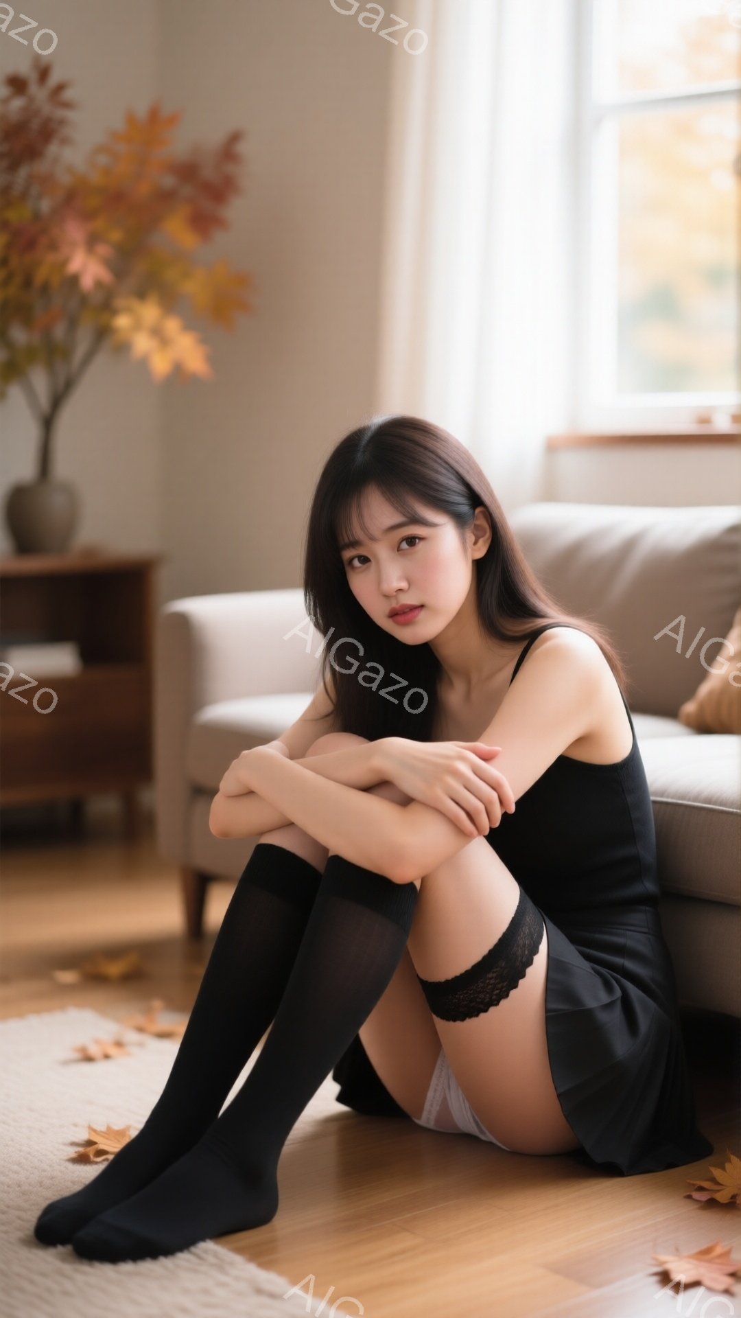 長い黒髪で、前髪が眉毛にかかるようにカットされた女性が、黒のキャミソールとミニスカート、膝丈の黒いソックスを着用して床に座っています。彼女は両膝を抱え、少し憂いを帯びた表情をしています。背景には、ソファ、木製のキャビネット、秋らしい紅葉のブーケ、そして木製の床が見え、穏やかで心地よい雰囲気です。