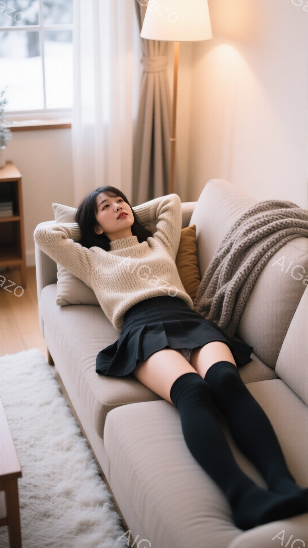 長い髪を後ろで束ねた女性が、ベージュのソファに横たわっている。オフホワイトのゆったりとしたセーターと黒のミニスカート、ニーハイソックスを身につけ、リラックスした表情で片手を頭の下に置いている。窓の外に - AI生成フリー素材
