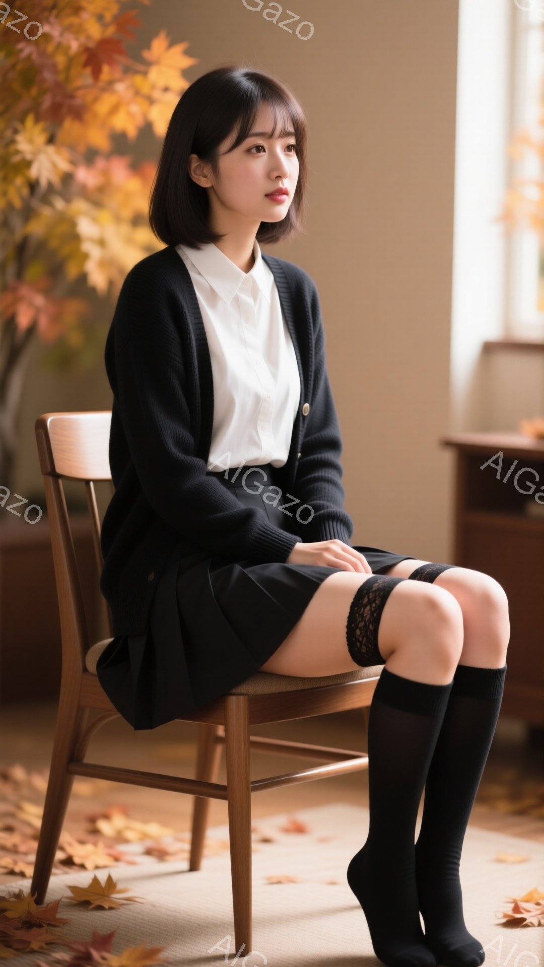 画像には、黒いカーディガン、白いシャツ、黒いスカート、黒いニーハイソックスを着用した若い女性が写っています。彼女は椅子に座り、少し横を向き、物憂げな表情をしています。背景には、紅葉したカエデの木と、ぼ - AI生成フリー素材
