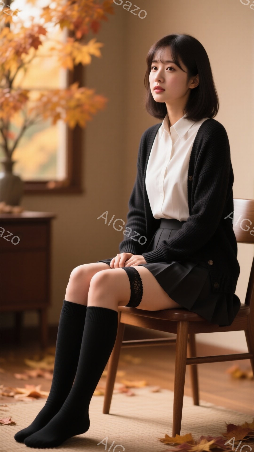 黒髪のボブヘアの女性が、白いシャツに黒いカーディガン、黒い膝丈スカートと黒いニーハイソックスを着用して椅子に座っています。彼女はわずかに微笑んでいて、リラックスした表情を浮かべています。背景には、オレ - AI生成フリー素材