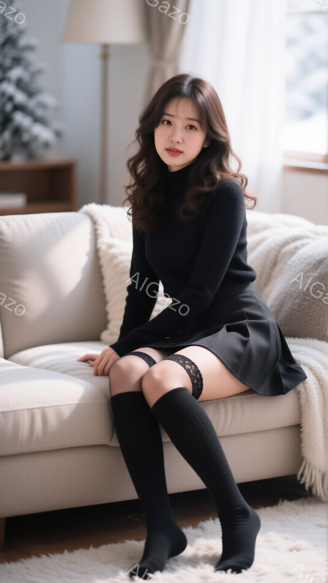黒い長袖のセーターとミニスカートを身に着けた若い女性が、クリーム色のソファに座っています。彼女は足を組んでおり、黒い膝上ソックスを履いています。背景にはぼんやりとした部屋の様子が見え、全体的に柔らかく - AI生成フリー素材