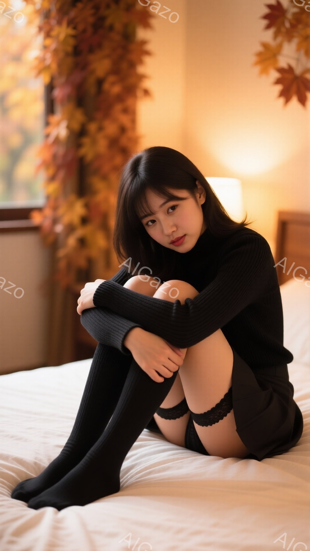 長い黒髪を肩にかける女性が、白いベッドの上に膝を抱えて座っています。黒いタートルネックのセーターとニーハイソックスを着用し、少し憂いを帯びた表情をしています。背景には、秋らしい紅葉の飾りが映り、暖かく - AI生成フリー素材