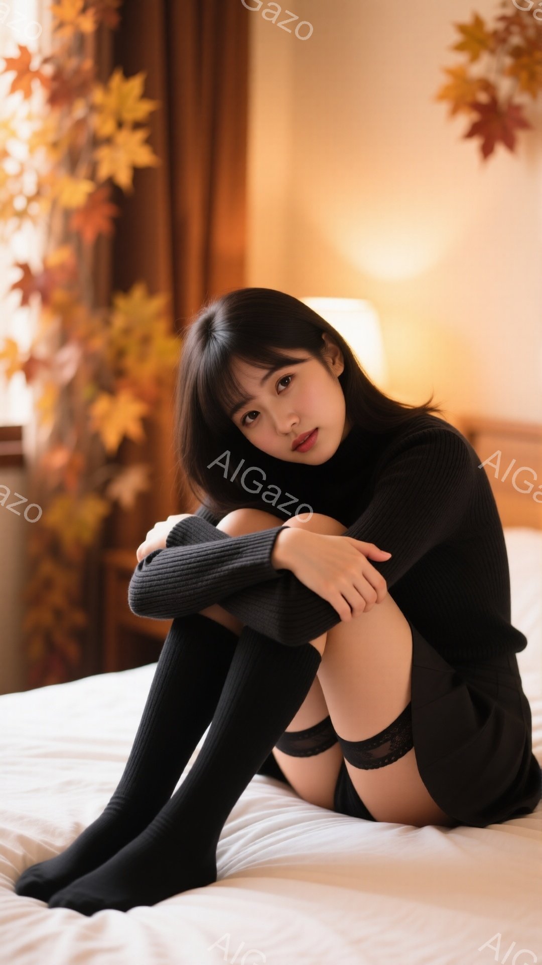 黒い長袖ニットと黒い膝上ソックスを着用した若い女性が白いベッドに座って膝を抱えています。彼女は黒いレースのガーターベルトをつけており、控えめな表情でカメラを見つめています。背景には、オレンジや茶色の紅 - AI生成フリー素材