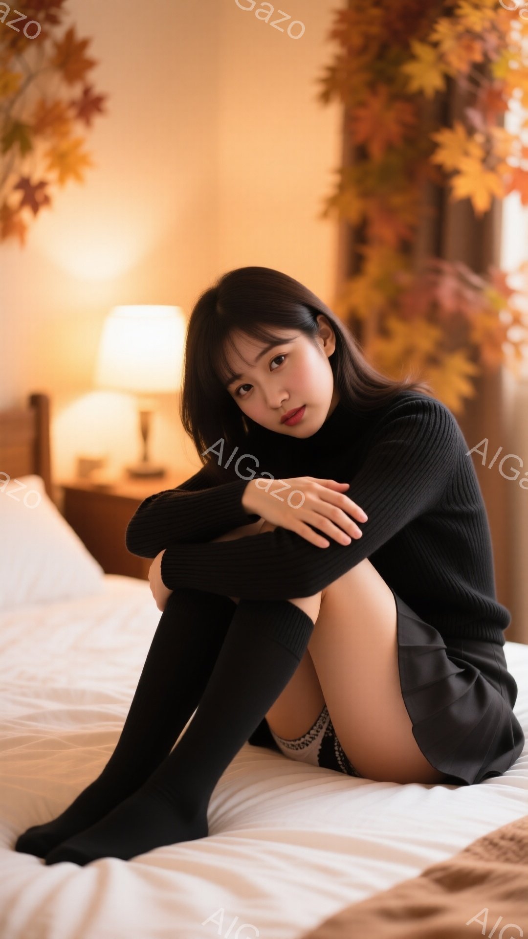 黒いセーターとミニスカート、膝丈の靴下を身につけた女性が白いベッドに座っている。彼女は両膝を抱え、少し憂いを帯びた表情でカメラを見つめている。背景には、暖色の照明と秋の葉が飾られた壁が見え、全体的に落ち着いた雰囲気を醸し出している。