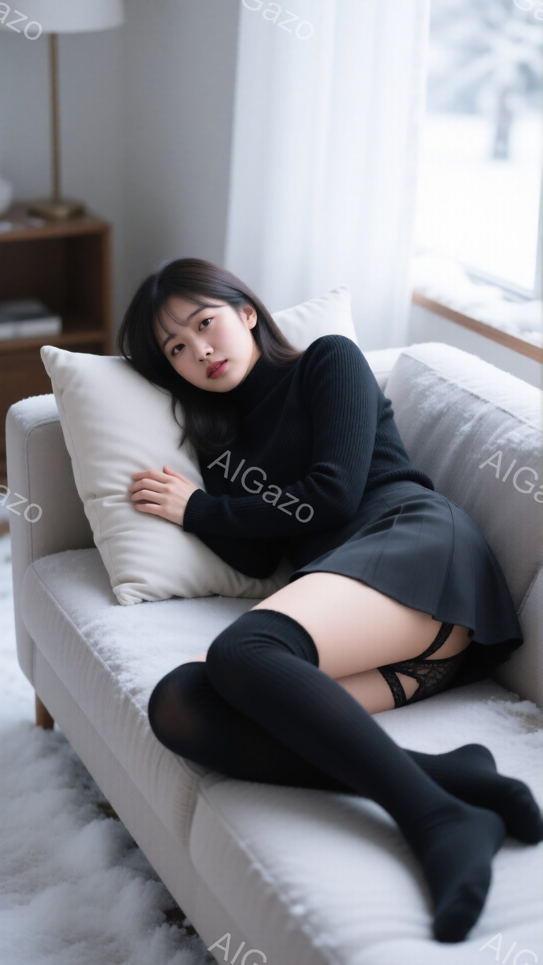 黒いタートルネックセーターとミニスカートを身につけた女性が、白のソファーに横たわっている。彼女は長い黒いソックスを履いており、片手を枕に乗せてリラックスした表情を見せている。背景には窓と家具が見え、全 - AI生成フリー素材