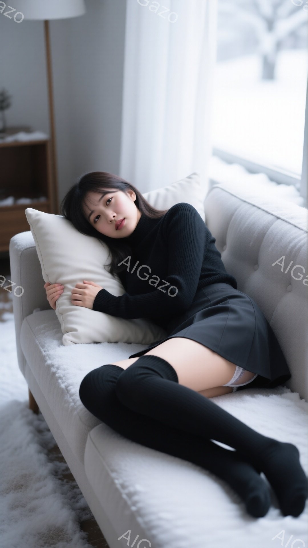 長い黒髪の女性が、灰色のソファーに横たわって白い枕を抱えています。黒いタートルネックのセーターと短い黒いスカート、そして長い黒い靴下を着用し、リラックスした表情をしています。背景にはぼやけた家具と自然 - AI生成フリー素材