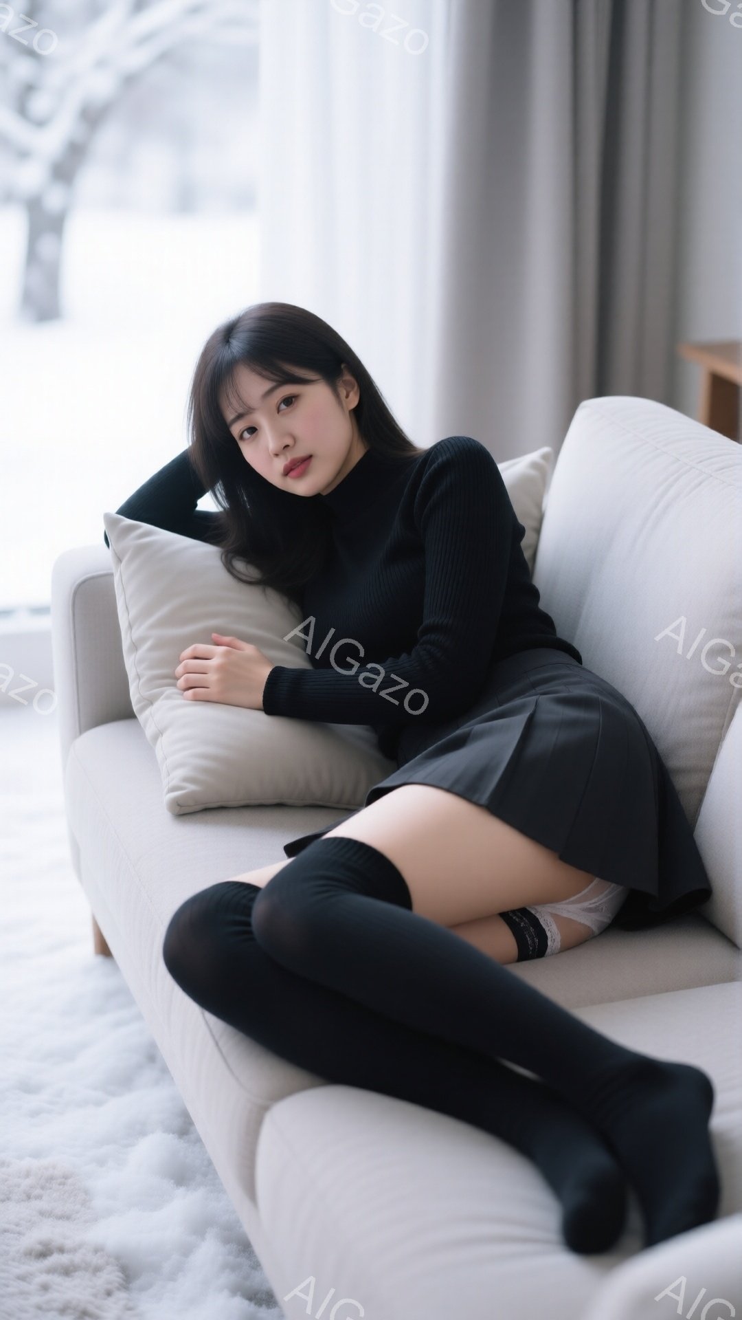 長い黒髪の女性が、明るいベージュ色のソファに横たわっている。黒いタートルネックのセーターとミニスカート、黒いニーハイソックスを身に着け、片腕を頭の後ろに回し、リラックスした姿勢でカメラを見ている。窓の - AI生成フリー素材