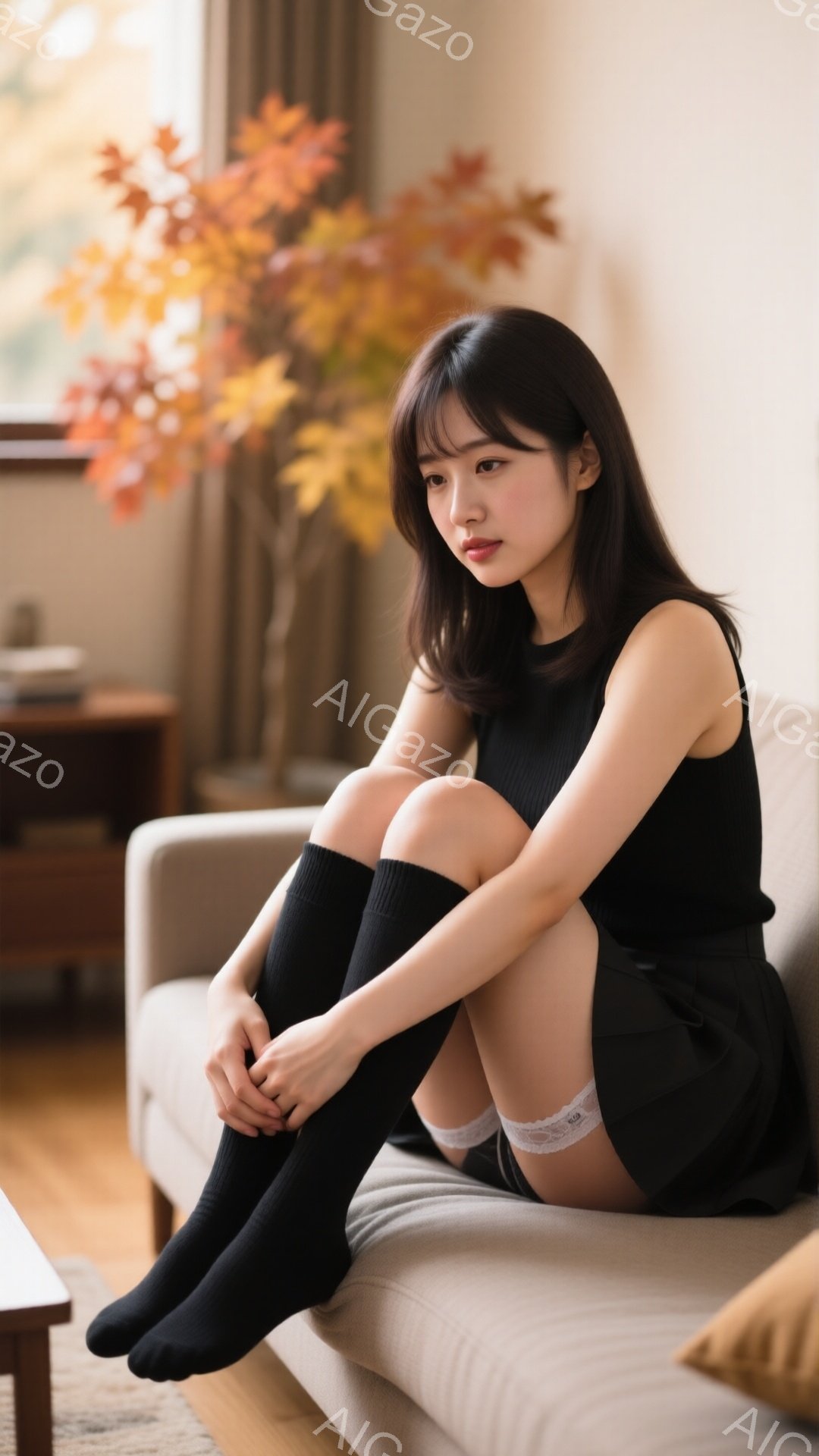 茶髪の女性がベージュ色のソファに座っており、黒いニットのトップスとミニスカート、黒い膝丈ソックスを着用しています。彼女は膝を抱え、少し憂いを帯びた表情で、背景には秋らしい紅葉の枝が置かれたテーブルが見えます。室内は明るく、暖かく落ち着いた雰囲気が漂っています。