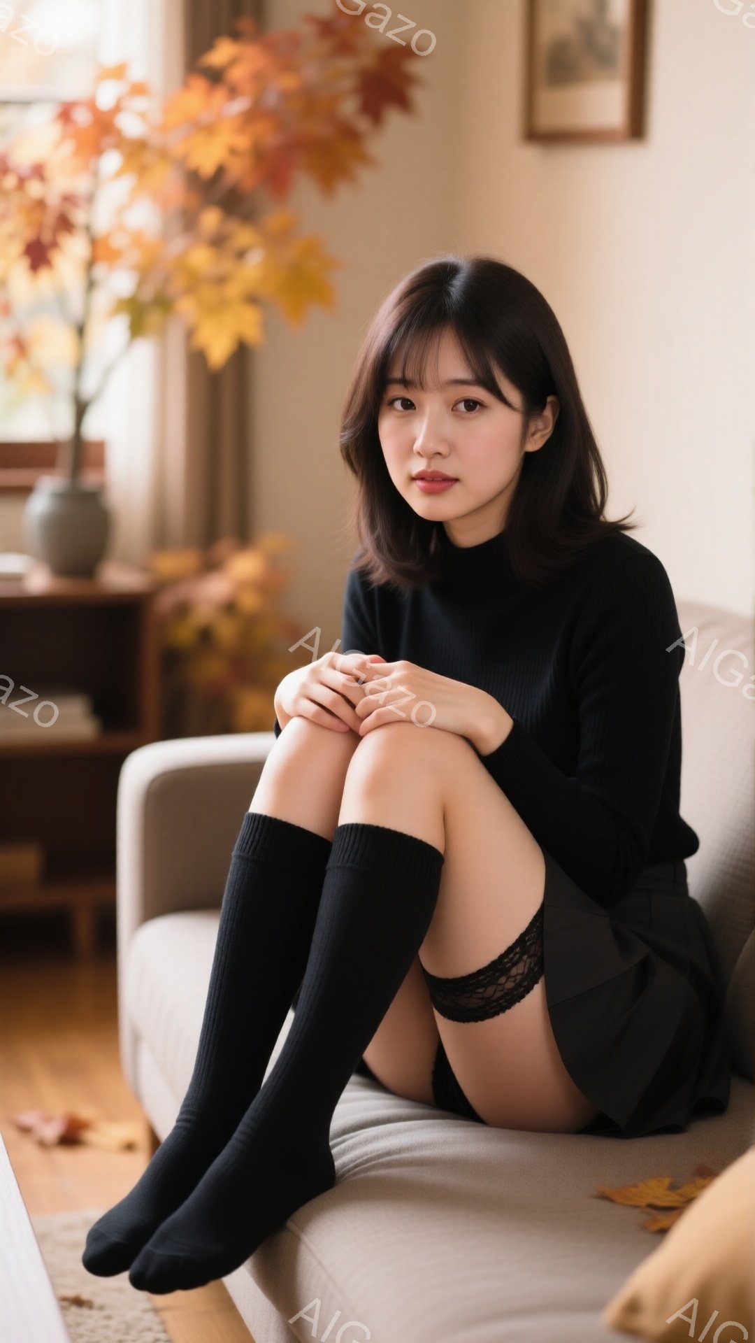 長いダークブラウンの髪を肩で切り揃えた女性が、ベージュ色のソファに座って膝を抱えています。黒いセーターと短いスカート、そして黒いニーハイソックスを履いており、ちらりと見えるレースのガーターベルトがアクセントになっています。背景には、落ち葉と花が飾られた窓、そして絵画が飾られた壁が見え、落ち着いた暖かい雰囲気が漂っています。