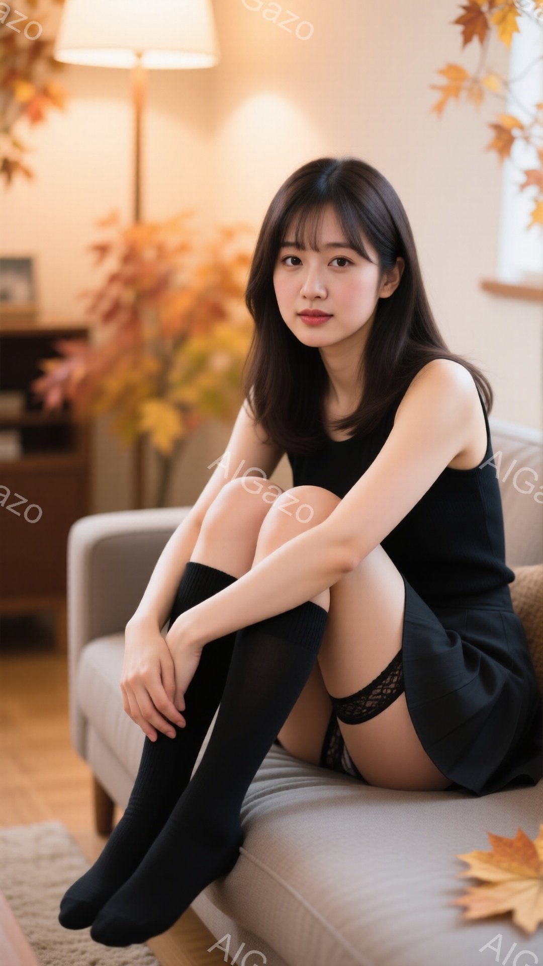 長い黒髪に前髪が印象的な女性が、クリーム色のソファーに座っています。黒いニットのトップスとミニスカート、そして膝上まである黒い靴下を履いており、少し微笑んだ表情でこちらを見ています。背景には木製の家具 - AI生成フリー素材
