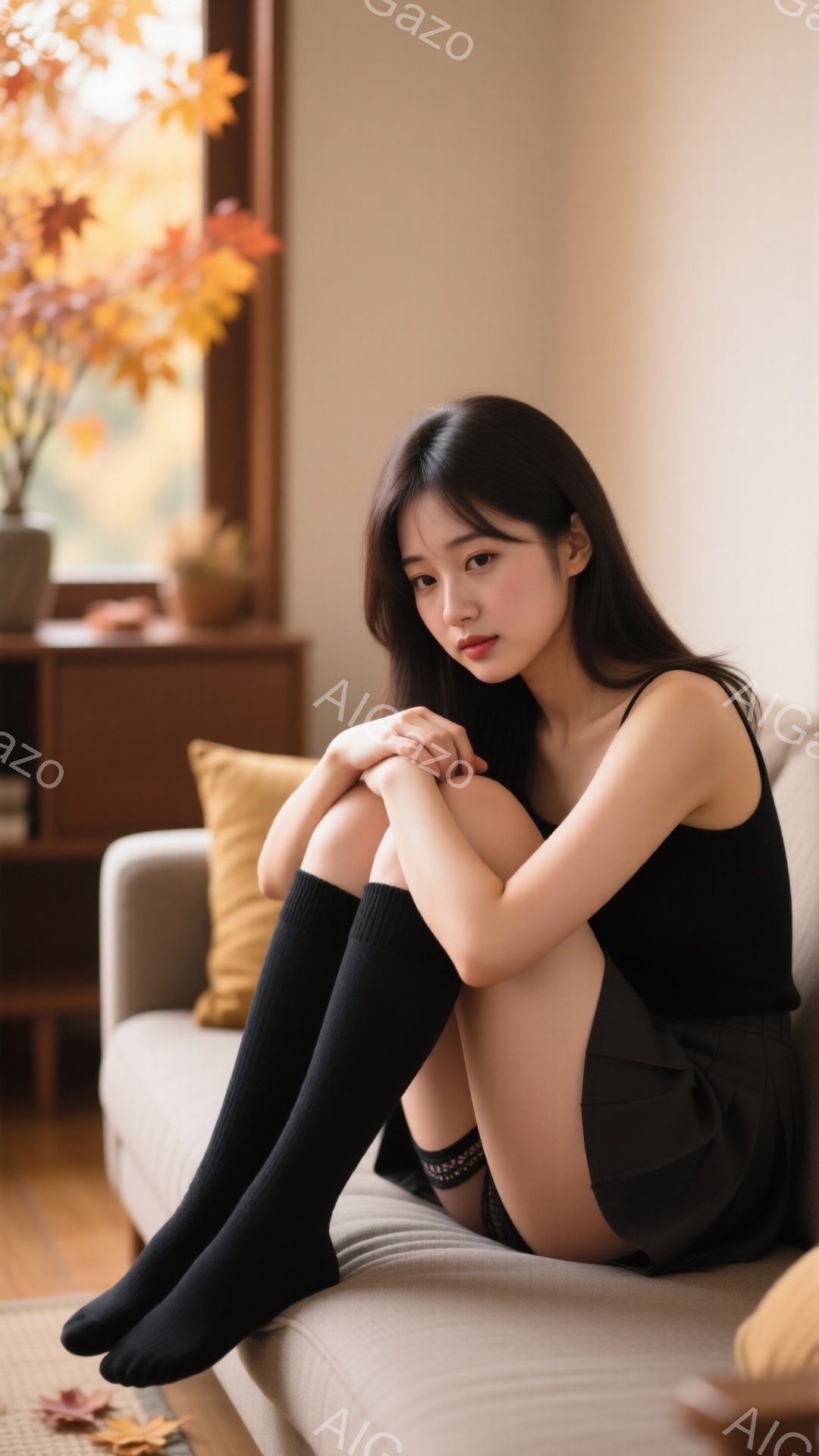 長い黒髪を肩にかけた女性が、ベージュのソファに膝を抱えて座っています。黒いタンクトップとスカート、膝丈の黒い靴下を着用し、少し微笑んだ表情をしています。背景には木製のキャビネットとオレンジ色の花が飾ら - AI生成フリー素材