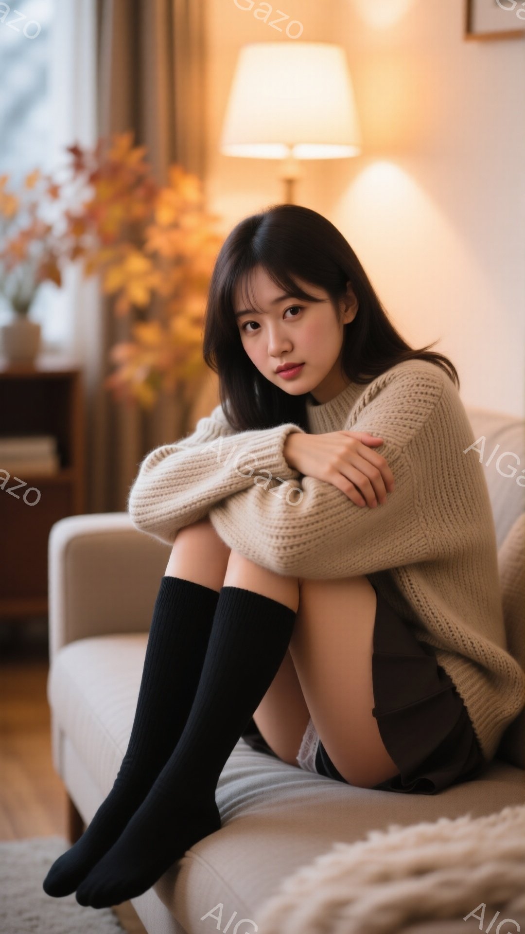 明るいリビングルームで、若い女性がソファに座って膝を抱えています。ベージュのざっくりとしたニットセーターと黒い膝下ソックス、短いスカートを身につけており、長い黒髪は肩にかかっています。彼女はわずかに微 - AI生成フリー素材
