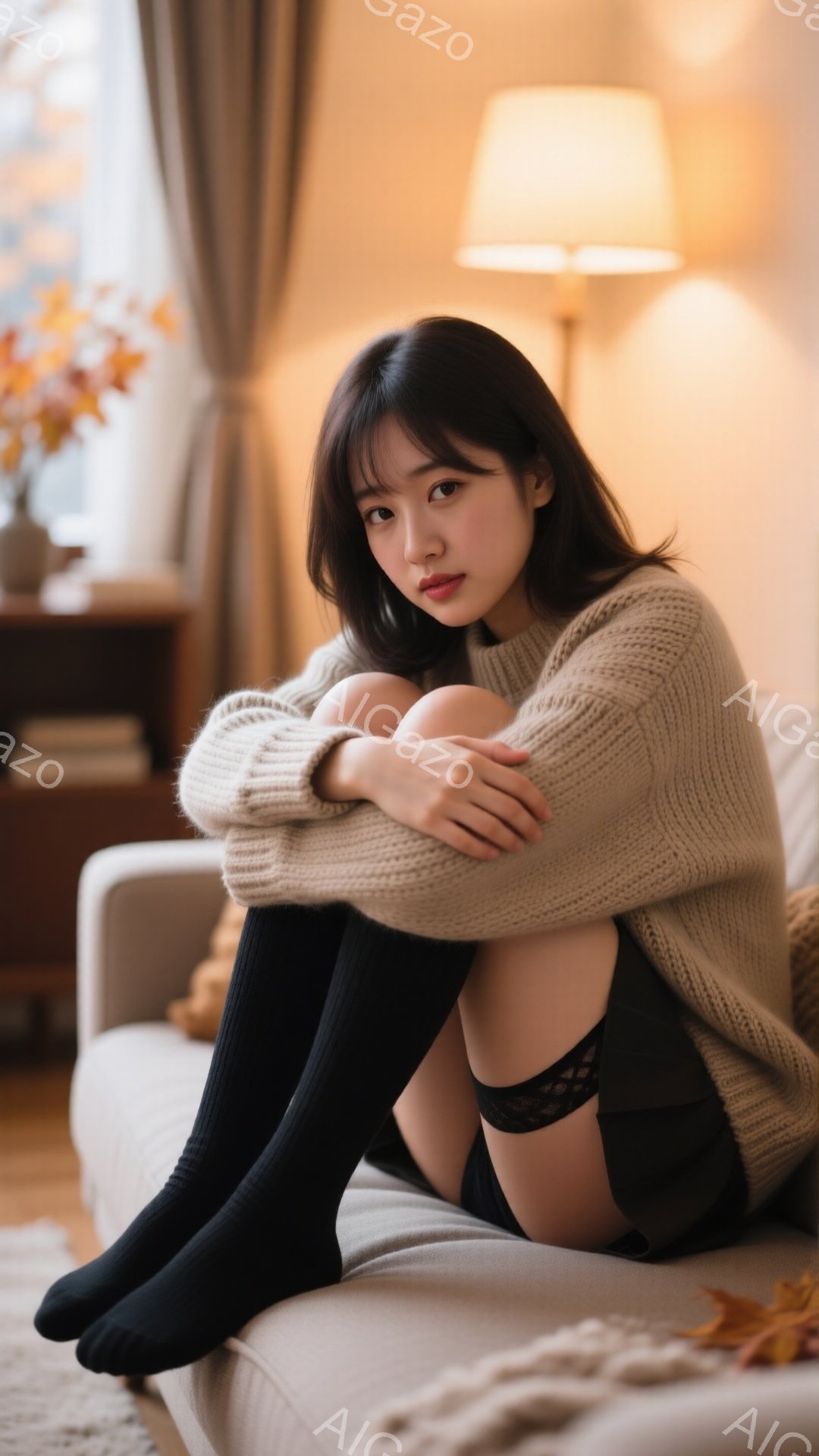 長いダークブラウンの髪は肩にかかり、前髪が目にかかるヘアスタイルです。ベージュのざっくりとしたセーターを着て、黒いニーハイソックスを履き、膝を抱えてソファに座っています。背景には、暖色系の内装と本棚、そして秋らしい花が飾られた部屋が広がっており、全体的に穏やかで落ち着いた雰囲気が漂っています。