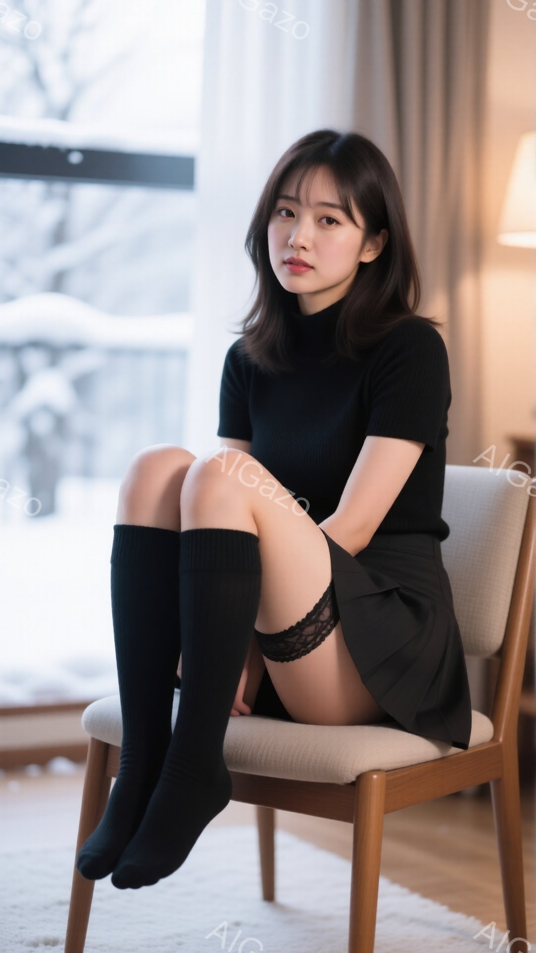 黒いタートルネックセーターとミニスカートを身につけた若い女性が椅子に座っています。彼女は膝を曲げて足を組んでおり、黒い膝丈の靴下を履いています。背景には雪景色が見え、室内は暖かく、落ち着いた雰囲気です。