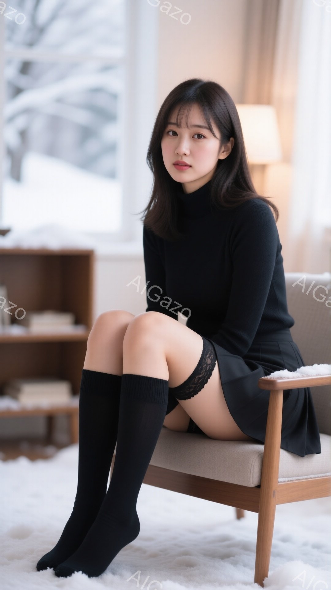 黒いタートルネックセーターとミニスカートを身に着けた若い女性が椅子に座っています。彼女は膝を曲げ、片方の足をもう一方の足の上に重ね、少し微笑んでいます。背景には木製の棚と窓があり、外は雪景色で、全体的 - AI生成フリー素材