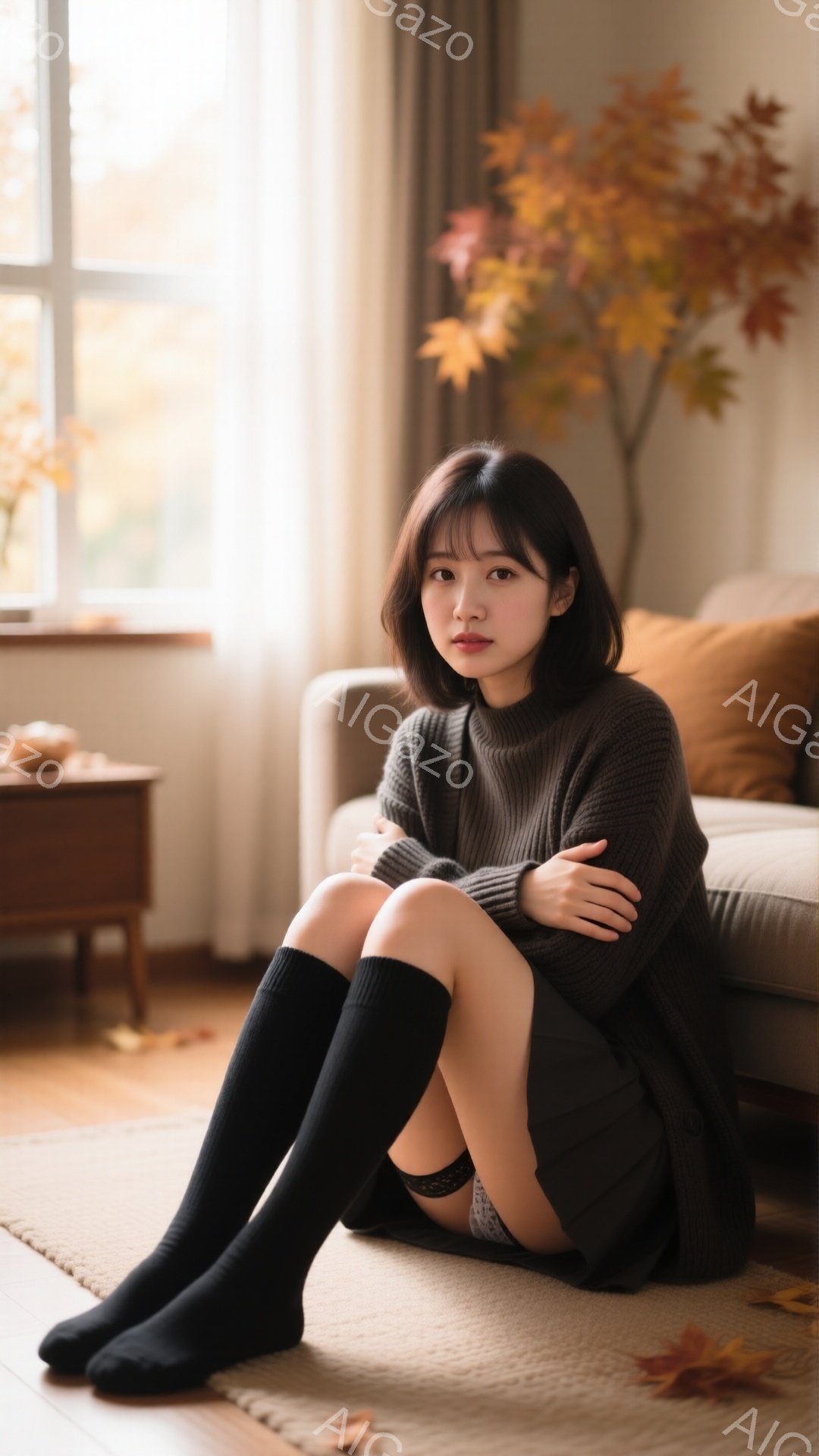 茶色の髪の女性が床に座り、膝を抱えています。彼女はグレーのセーターと黒い膝下ソックスを履いており、表情は少し憂いを帯びています。背景には窓、ソファ、落ち葉が見え、秋の穏やかで落ち着いた雰囲気を醸し出しています。