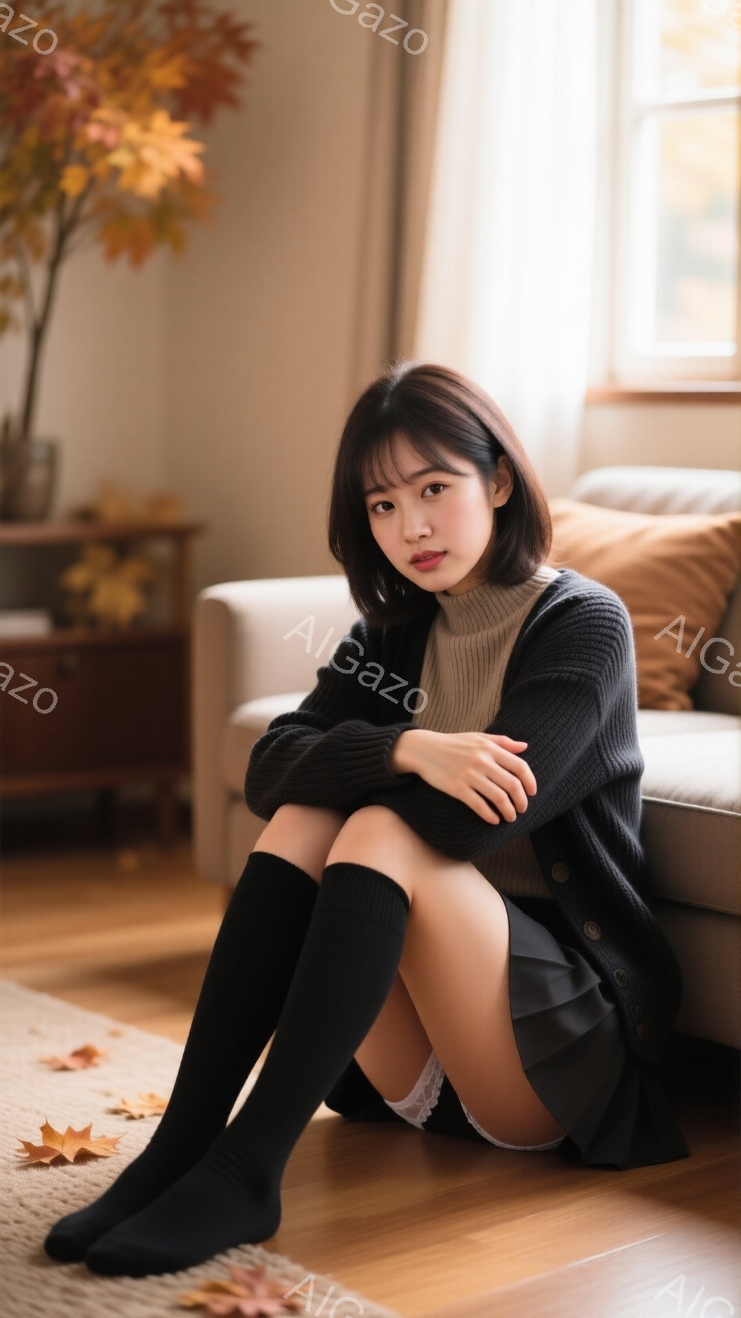 茶色の髪を肩の長さで切り揃え、前髪は軽く分けている女性が、ベージュのセーターとグレーのスカート、黒いニーハイソックスを着用して床に座っている。彼女は膝を抱え、少し微笑んでおり、背景にはソファや植物、そ - AI生成フリー素材