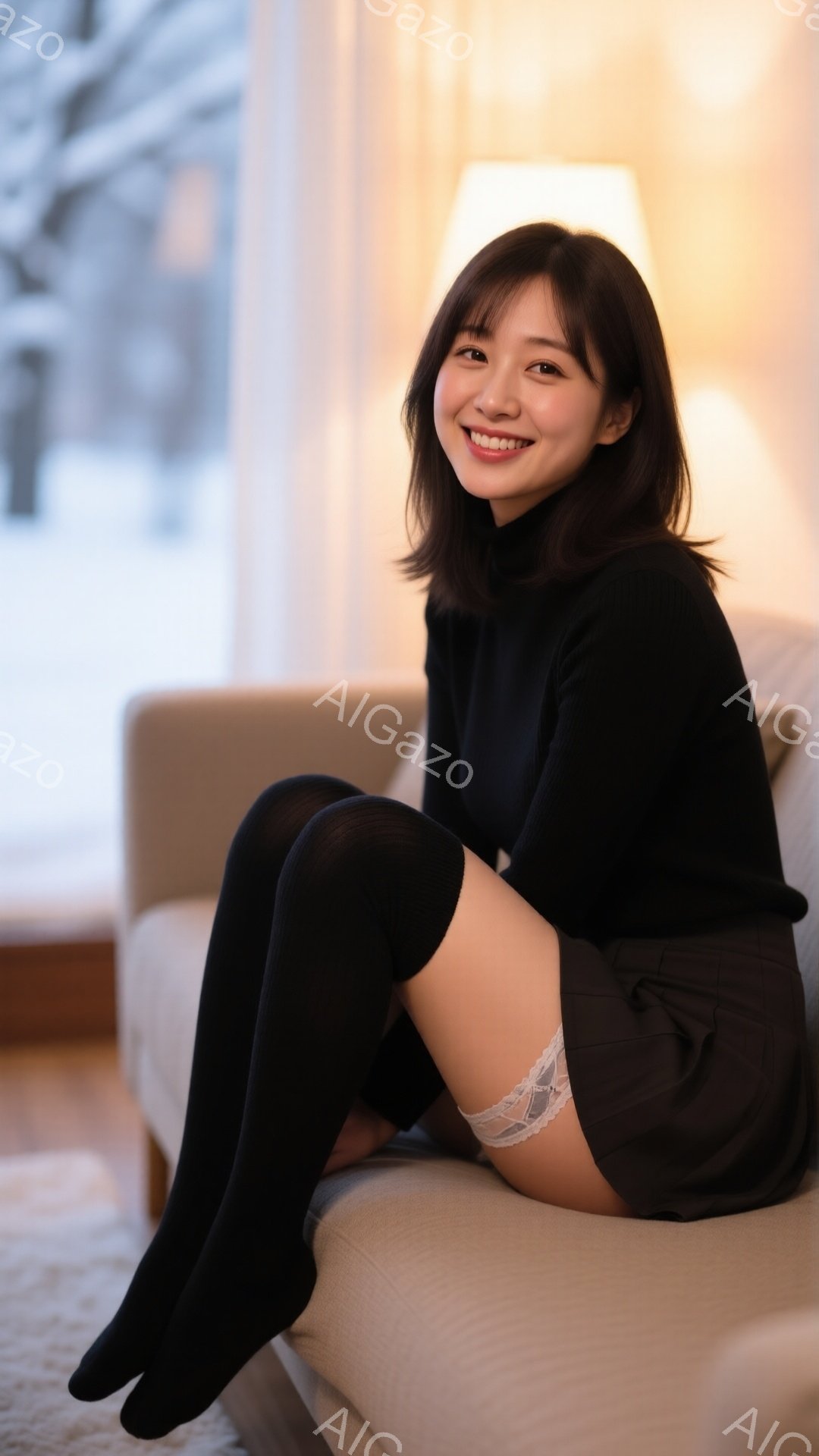 黒いニットセーターとミニスカートを身に着けた若い女性が、クリーム色のソファに座ってこちらを見ている。彼女は膝を曲げ、足を組んでおり、黒いニーハイソックスを履いている。背景にはぼやけた窓と、薄暗い室内照 - AI生成フリー素材