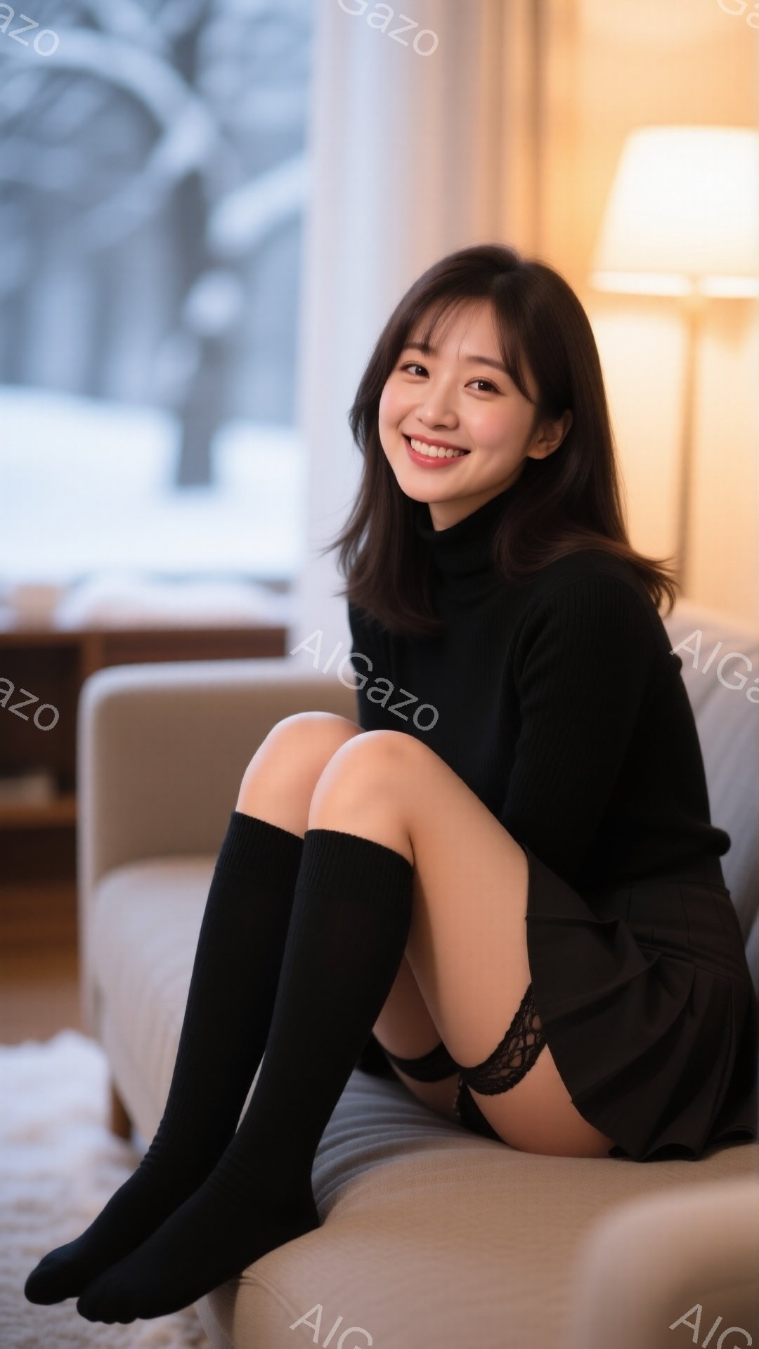 長い茶色の髪をサイドパートにした若い女性が、ベージュ色のソファに脚を組んで座っています。彼女は黒のタートルネックセーターと黒いプリーツスカート、黒のオーバーニーソックスを身に着け、微笑んでいます。背景 - AI生成フリー素材