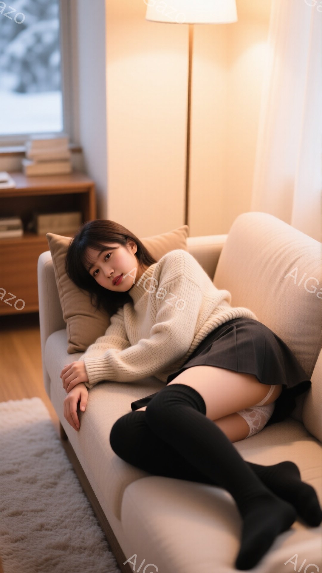 長いダークブラウンの髪を無造作に垂らし、クリーム色のオーバーサイズのニットと黒いミニスカート、そして黒いニーハイソックスを着用した女性が、ベージュ色のソファに横たわっている。彼女はクッションを抱き、リ - AI生成フリー素材