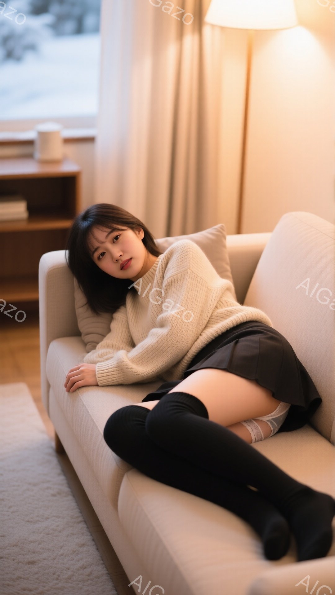 長い黒い靴下を履いた女性が、ベージュのソファに横たわっています。オフホワイトのニットセーターと黒いスカートを身に着け、リラックスした表情でカメラを見ています。背景には木製の家具と窓が見え、暖かく穏やか - AI生成フリー素材