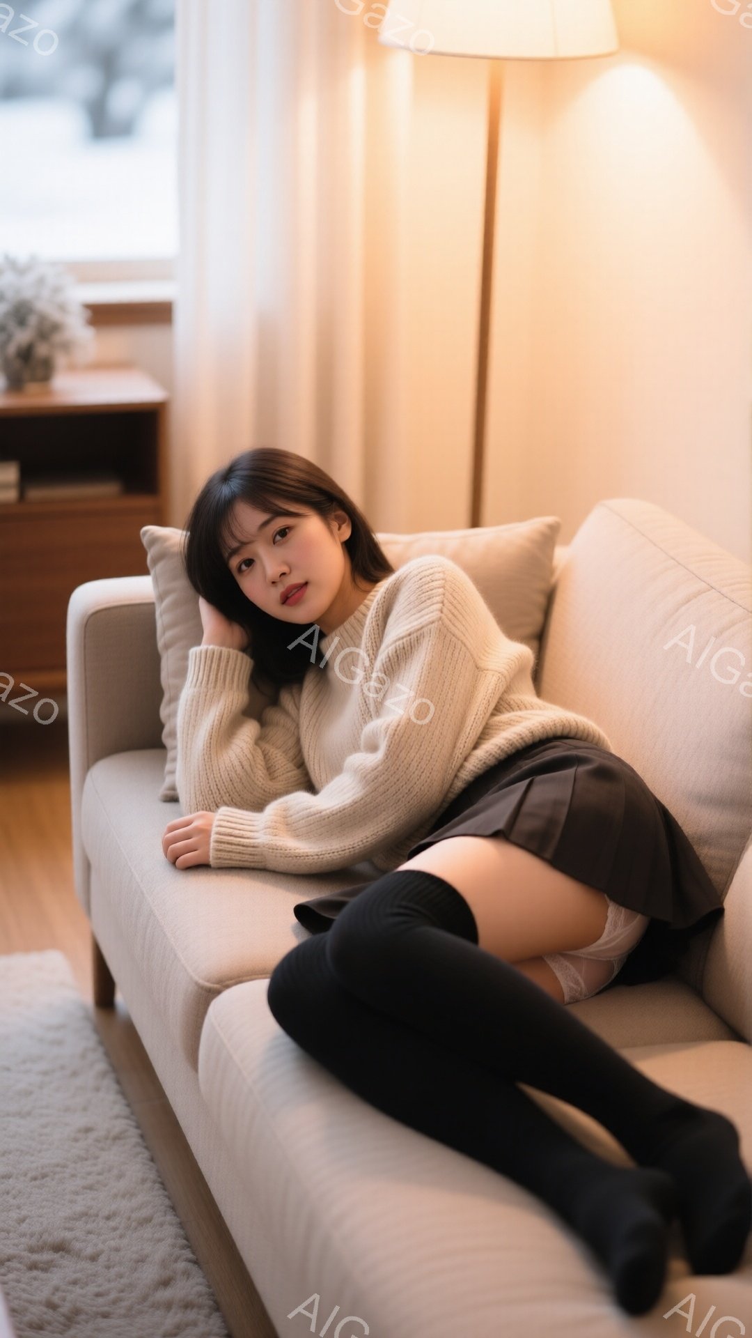 茶色の長い髪の女性がベージュのソファに横たわっています。大きなクリーム色のセーターと黒いミニスカート、そして膝丈の黒いソックスを着用しており、リラックスした表情で片腕を枕にしてカメラを見ています。背景 - AI生成フリー素材