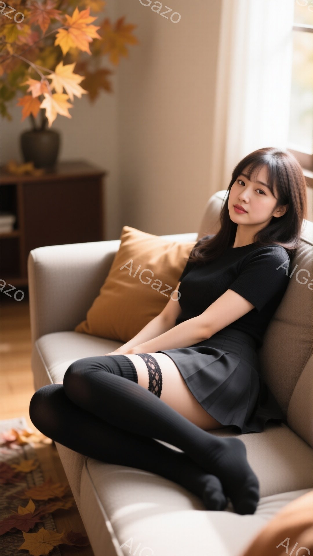黒い膝丈ソックスとミニスカートを着用した若い女性が、ベージュ色のソファに座って足を組んでいます。彼女は黒いTシャツを着ており、肩までかかる暗い髪と控えめな微笑みを浮かべています。背景には、オレンジと茶色の落ち葉が散らばる窓辺と、暖色系のクッションと木製のキャビネットが見えます。