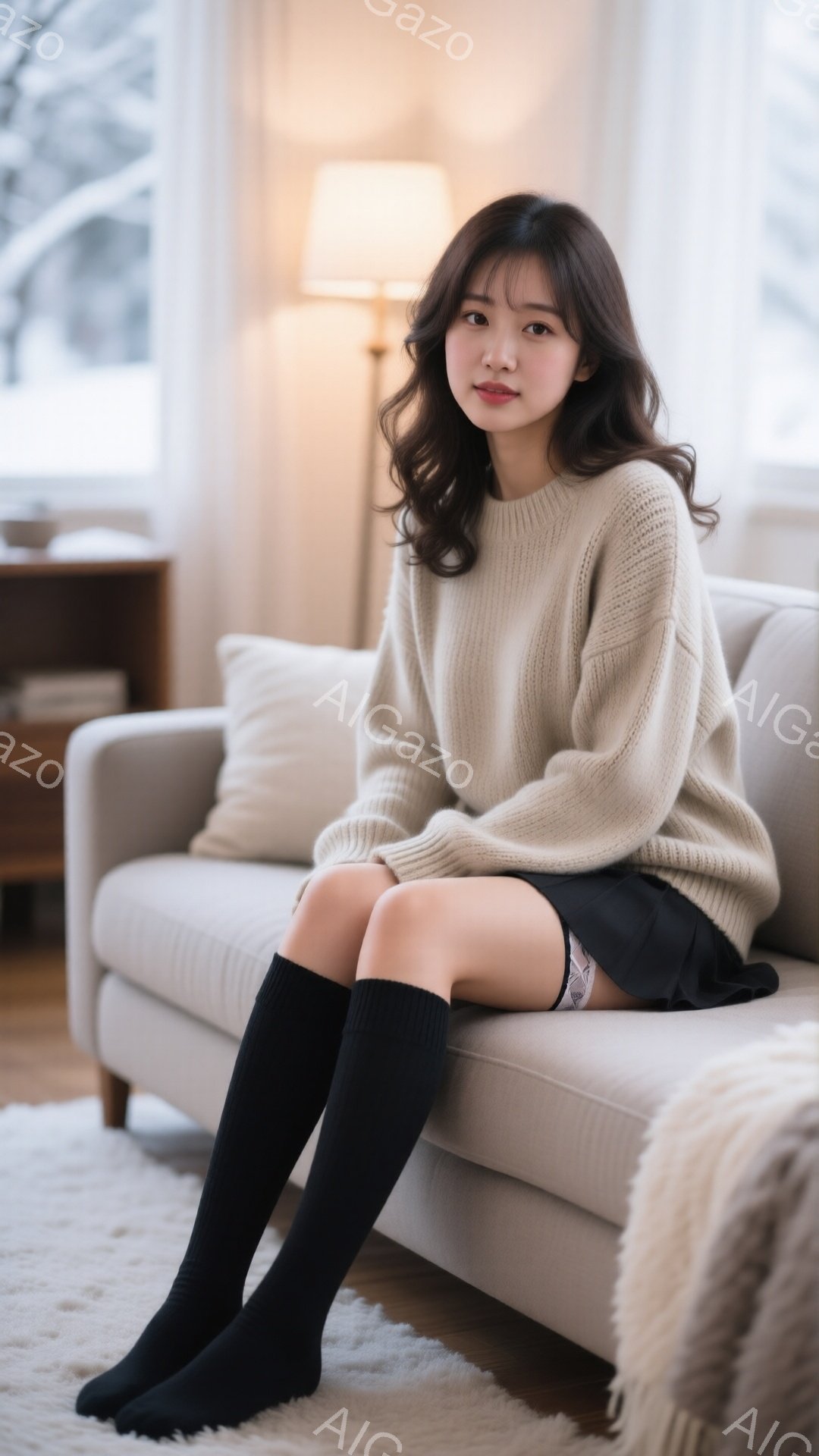 明るいリビングルームで、女性がソファに座っている。ベージュのオーバーサイズのセーターと黒のニーハイソックス、短い黒のスカートを身に着けている。彼女はリラックスした表情で、少し微笑んでいる。 - AI生成フリー素材
