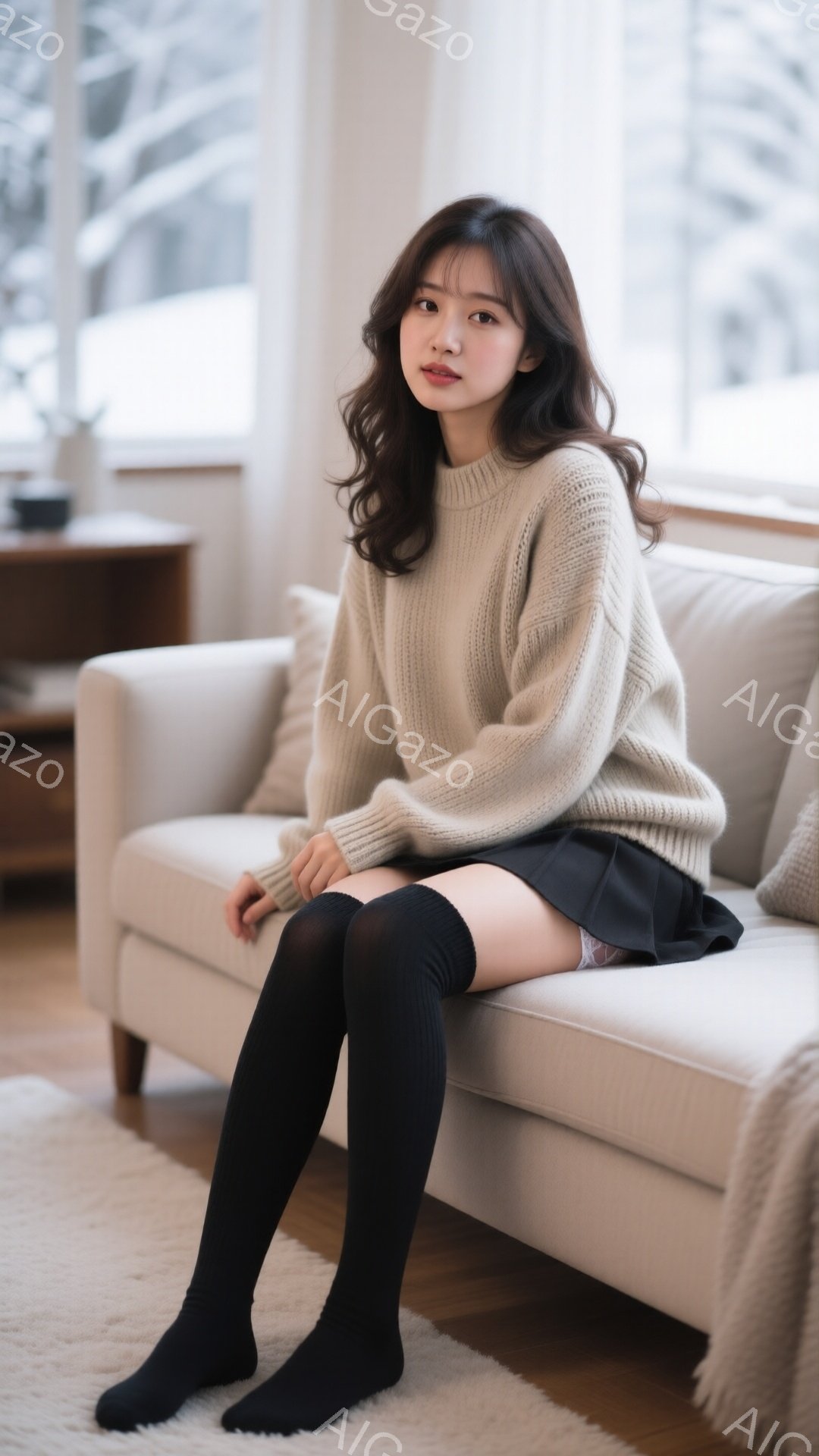 明るいリビングルームのソファに座っている若い女性が写っています。ベージュのざっくりとしたニットセーターと黒いミニスカート、そして膝丈の黒いソックスを着用し、髪はゆるいカールで肩まで下がっています。彼女 - AI生成フリー素材