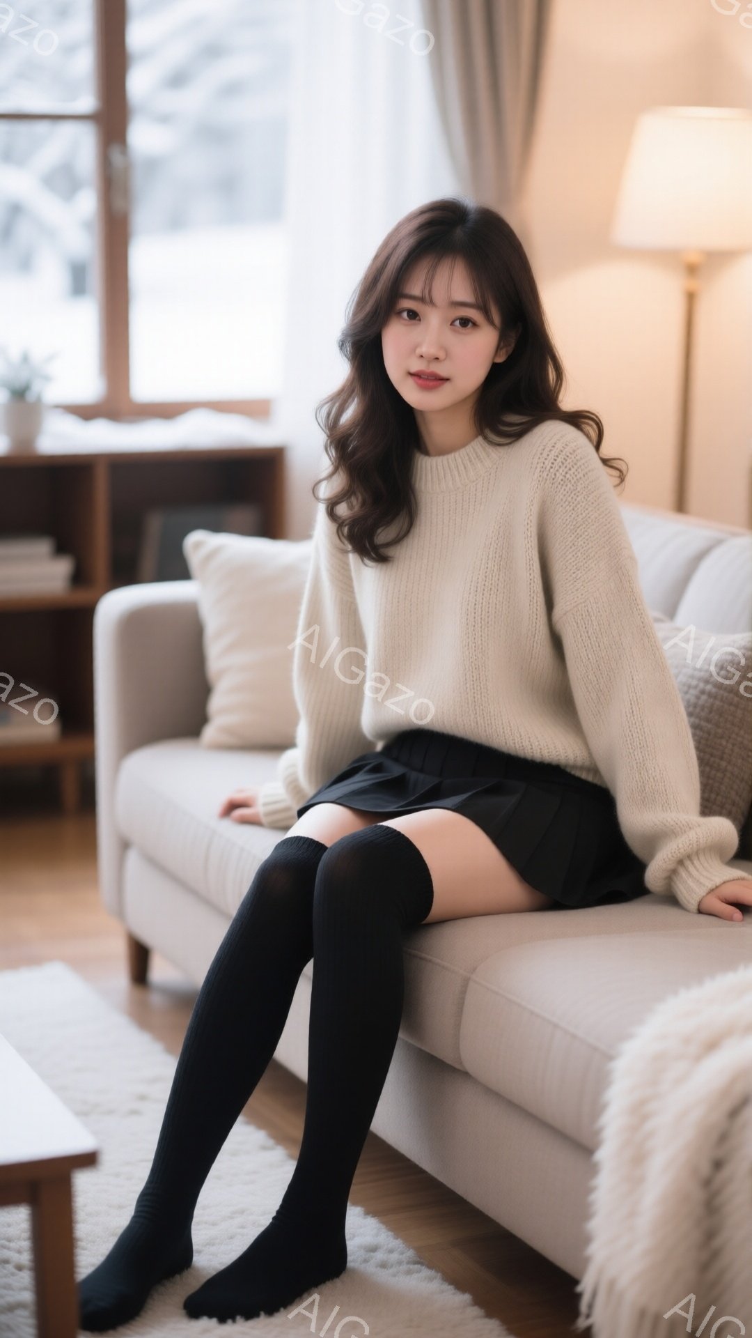 長い茶色の髪を無造作に巻いた若い女性が、クリーム色のざっくりとしたニットセーターと黒のプリーツスカート、そして膝上丈の黒い靴下を着用して、明るいベージュのソファに座っています。彼女はリラックスした表情 - AI生成フリー素材