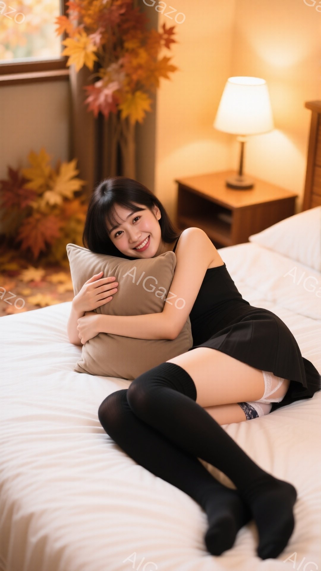黒い膝上ソックスと短い黒いドレスを着た若い女性が、白いベッドに横たわり、茶色の枕を抱きかかえています。彼女は微笑んでおり、黒髪は肩にかかっています。背景には、ランプランプと秋の葉が飾られた窓があり、暖 - AI生成フリー素材