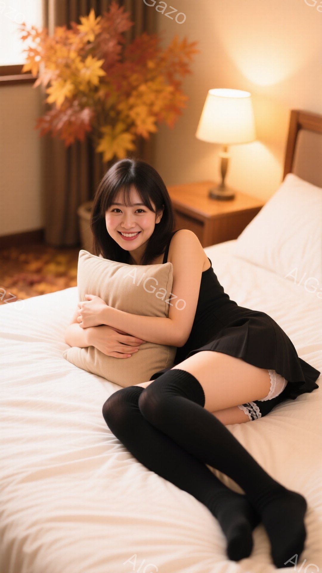 黒い膝上ソックスとミニスカート、黒いタンクトップを着た若い女性がベッドに横たわっています。彼女はクッションを抱きしめ、カメラに向かって微笑んでいます。背景には、ランプと紅葉の花が飾られたサイドテーブル - AI生成フリー素材