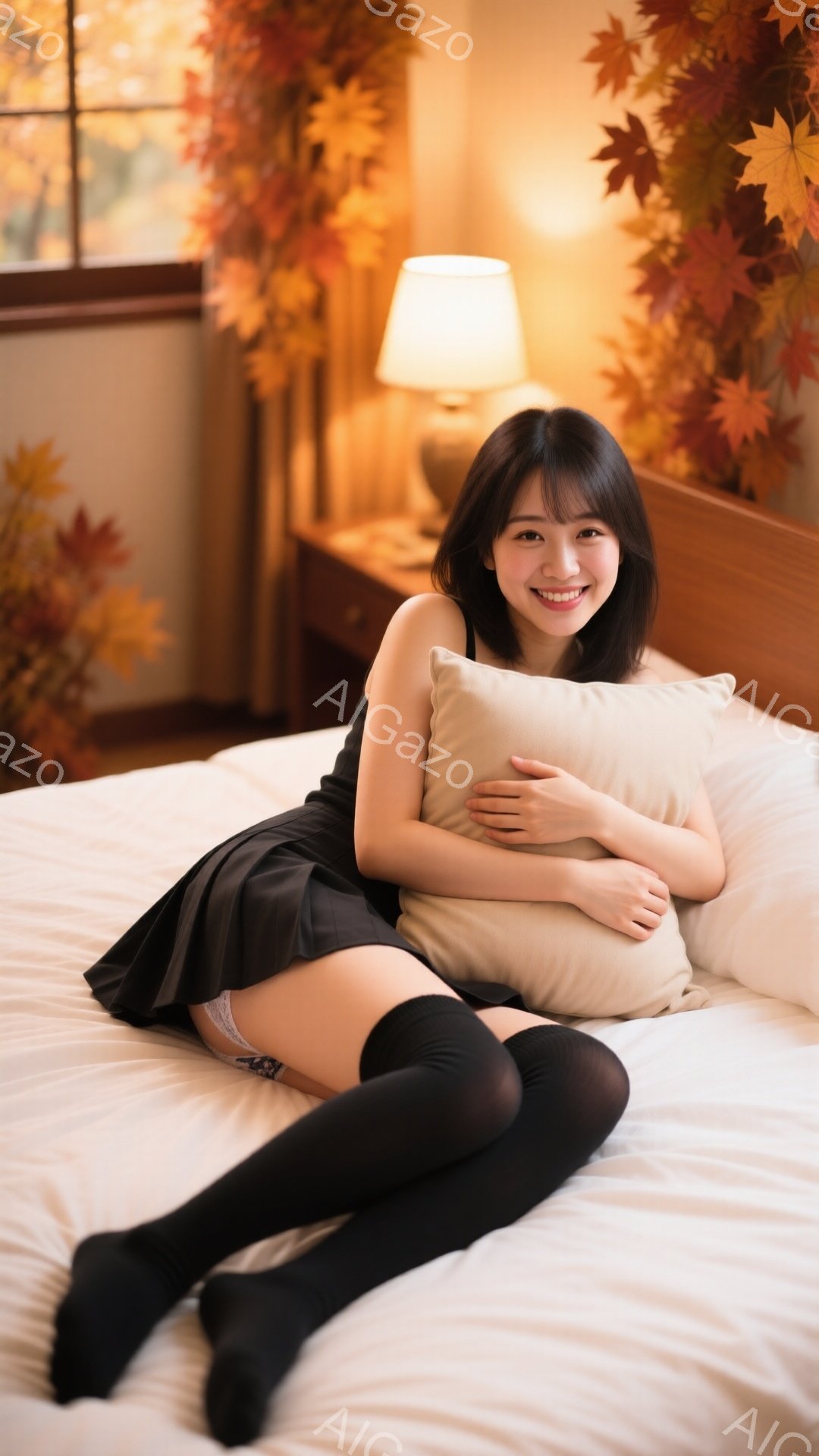 黒いニーハイソックスと短い黒いドレスを着た若い女性が白いベッドに横たわっています。彼女は微笑んでおり、両腕で白い枕を抱きかかえています。背景には、葉っぱの装飾が施された窓と、暖色系の照明を持つナイトスタンドがあります。