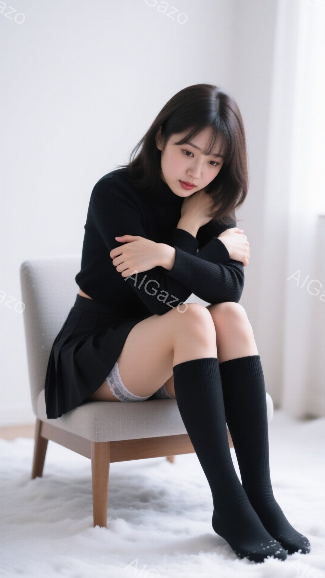 黒いセーターとミニスカートを着用した若い女性が椅子に座っています。彼女は膝を抱え、少し物憂げな表情をしています。背景は白く、柔らかいラグが敷かれており、全体的に落ち着いた雰囲気です。 - AI生成フリー素材