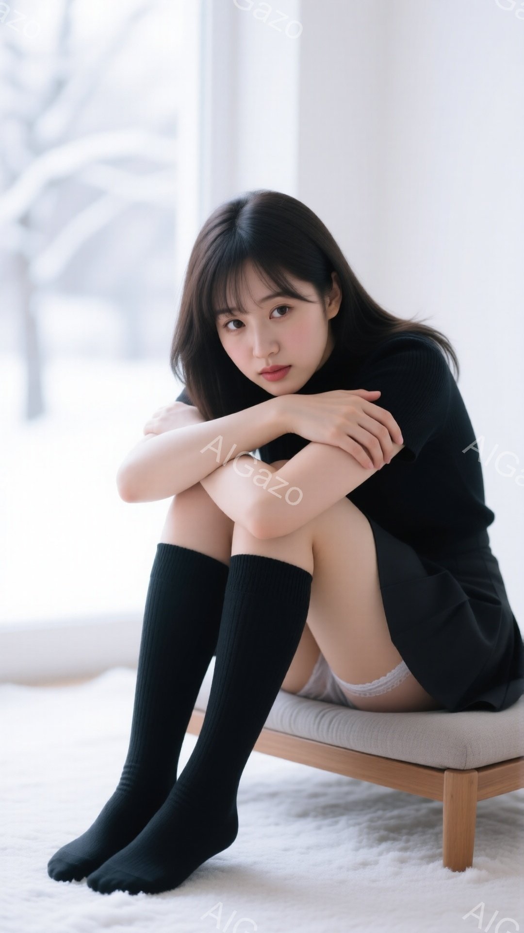 長い黒髪をセンターパートにした女性が、短い木製のベンチに座って膝を抱えています。黒いセーターとスカート、そして黒いニーハイソックスを着用しており、白いレースのアンダーウェアが少し覗いています。背景は薄い色のカーペットと窓で、冬の裸の木々が見え、全体的に静かで内省的な雰囲気です。