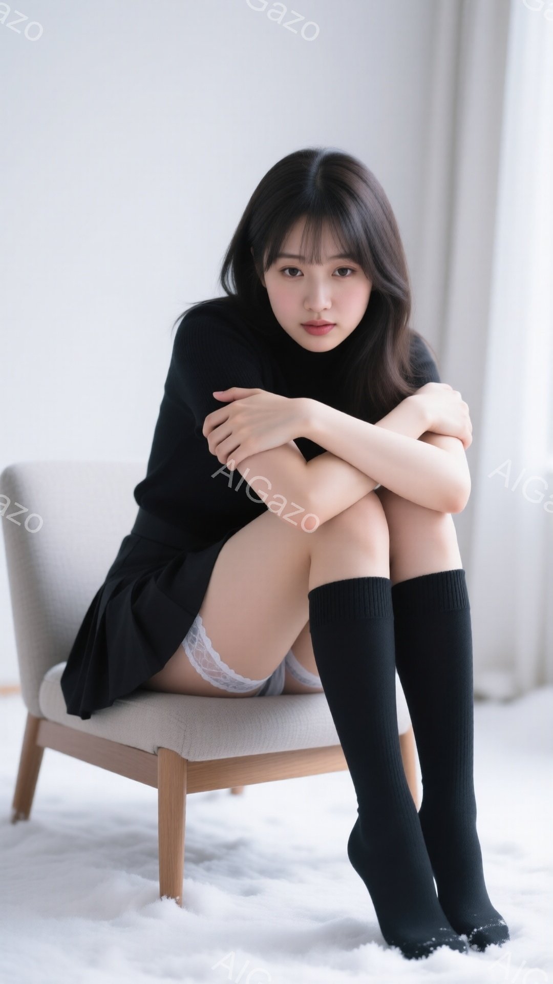 黒い膝上ソックスとミニスカート、黒いセーターを着た若い女性が、ベージュ色の椅子に座って膝を抱えています。彼女は長く暗い髪を持ち、少し憂いのある表情でカメラを見ています。背景は白いカーペットと壁で、全体的に柔らかく、落ち着いた雰囲気です。