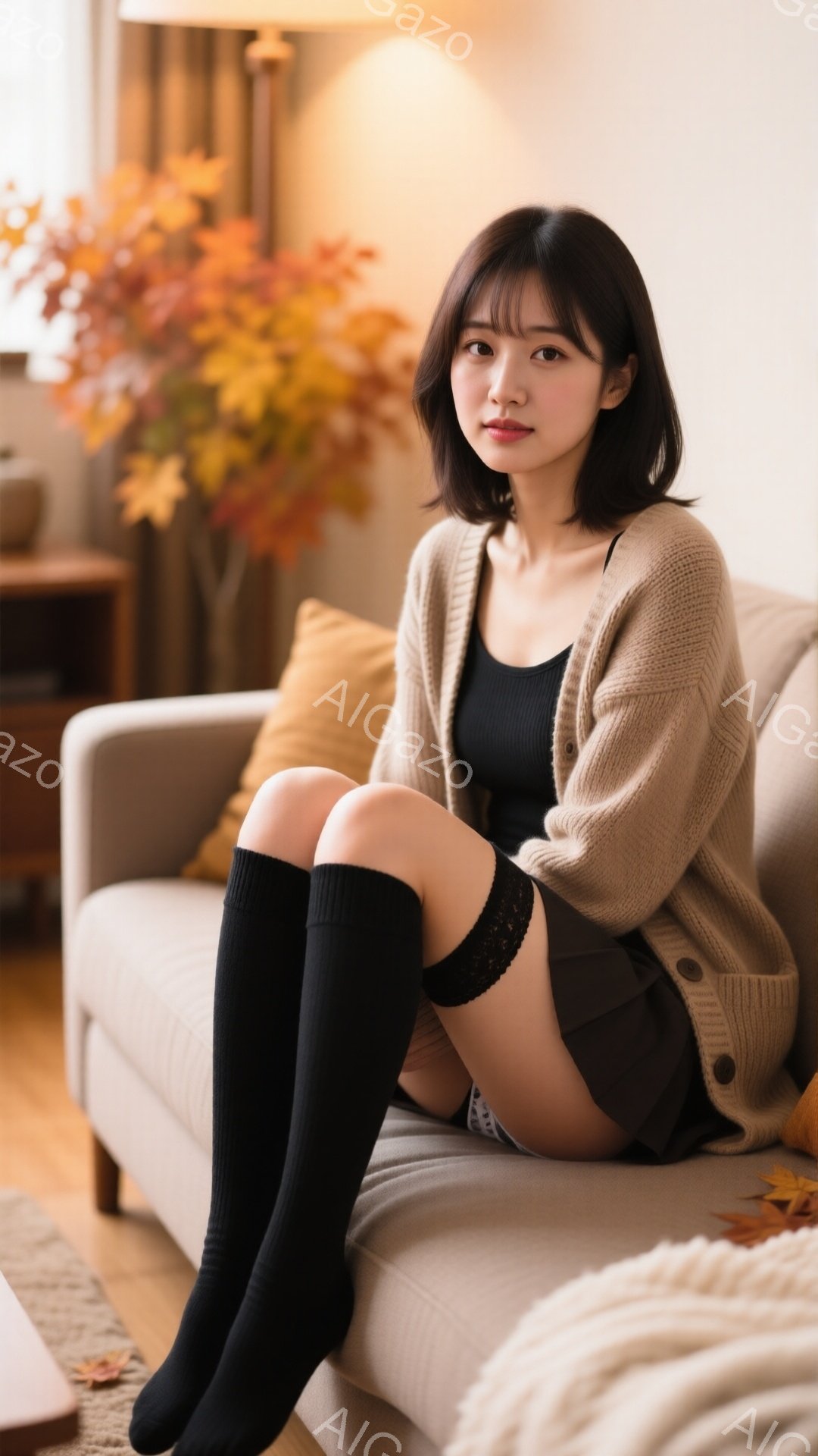 彼女はベージュのカーディガンと黒のスカート、そして膝丈の黒い靴下を身につけてソファに座っています。ダークブラウンの髪は肩のあたりで切り揃えられており、顔は穏やかで少し微笑んでいます。背景にはオレンジ色の花や、暖色系の柔らかい光が差し込むリビングルームが見えます。