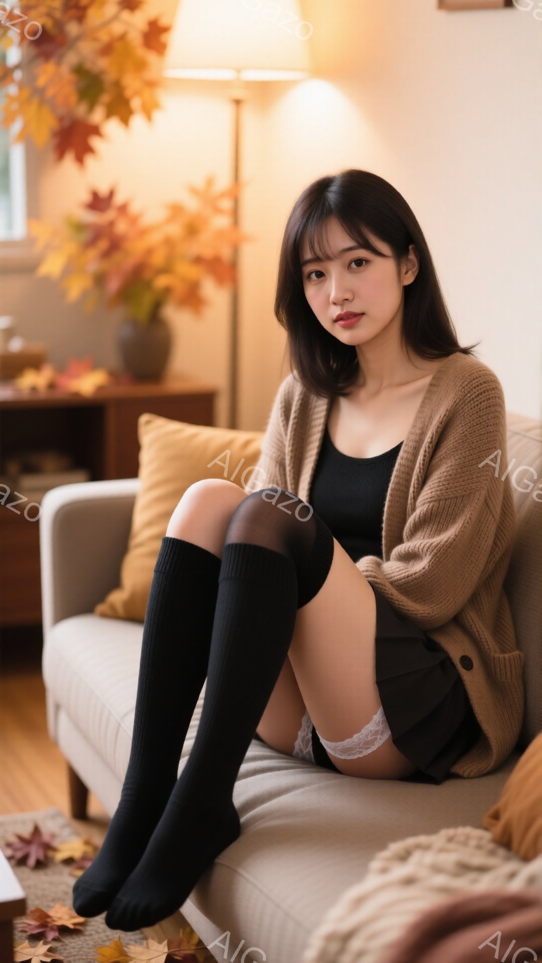 茶色のカーディガンを着て、黒いニーハイソックスとスカートを履いた女性がソファに座っています。彼女は長い髪で、少し憂いのある表情をしています。背景にはオレンジ色の葉が散らばった秋の風景と、柔らかい光が差 - AI生成フリー素材