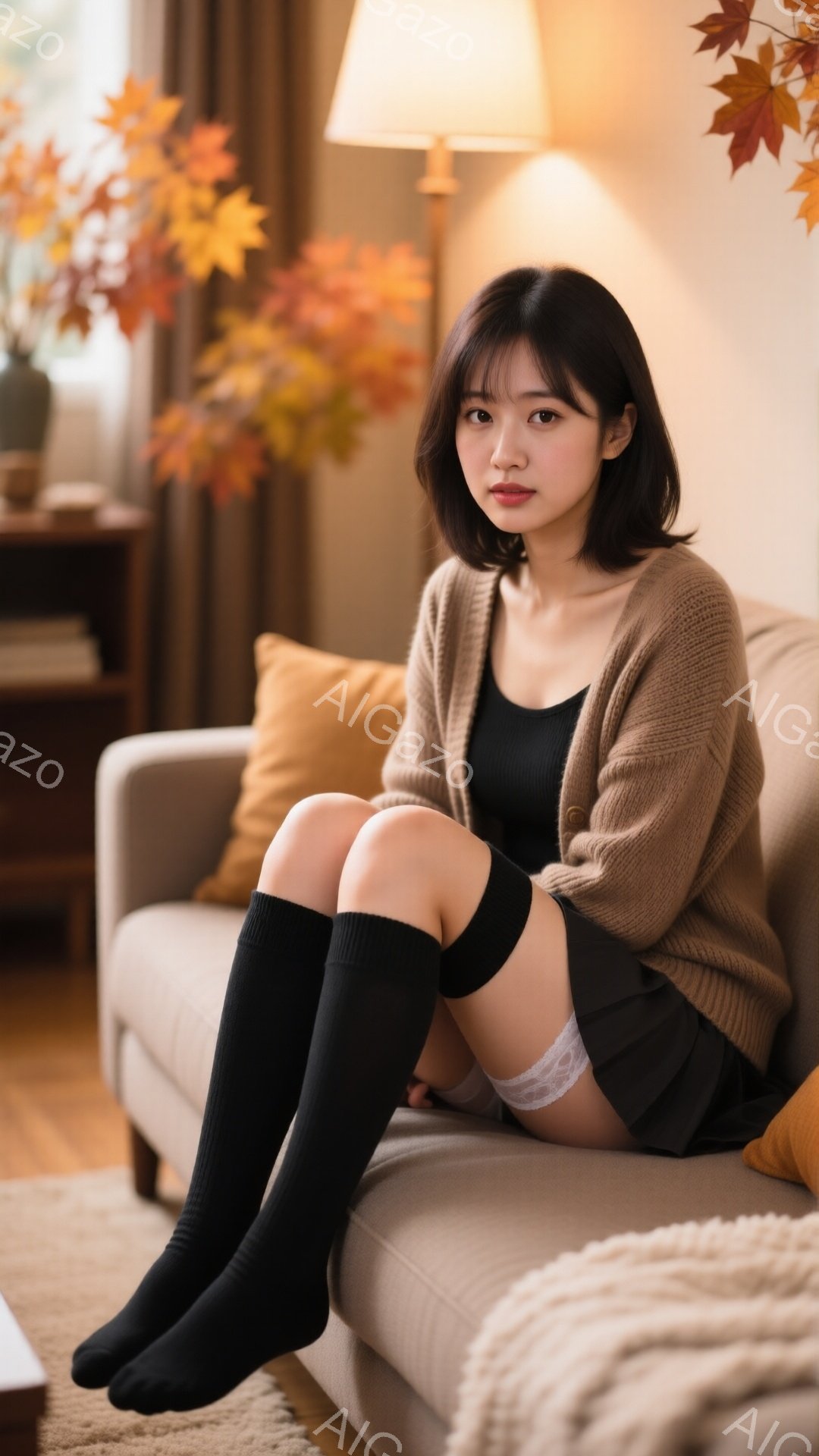 茶色のカーディガンを着た若い女性が、ベージュのソファに座っています。彼女は黒いニーハイソックスと短いスカートを履いており、少し微笑んでいます。背景には、ランプ、クッション、そして秋らしい葉が飾られた花 - AI生成フリー素材