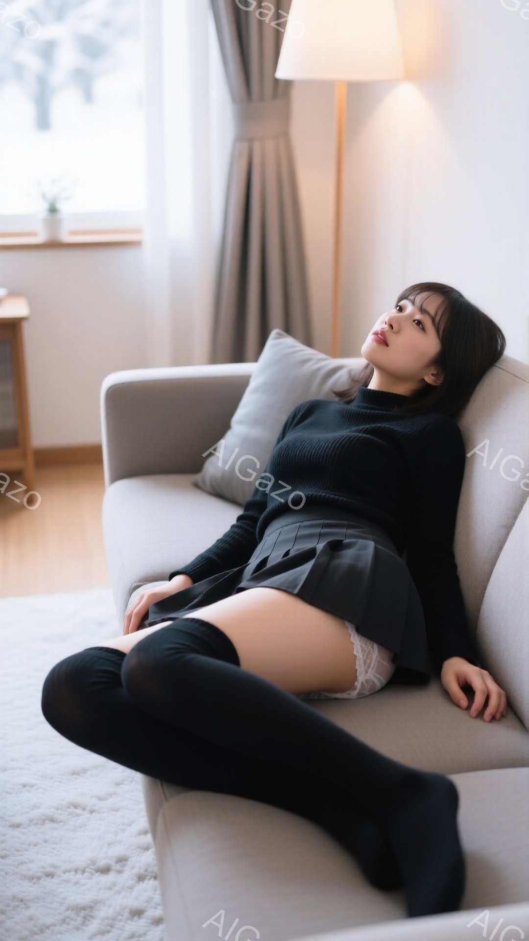 黒いセーターとミニスカートを着用した若い女性が、グレーのソファに横たわっています。彼女は膝上まである黒いソックスを履いており、片腕を頭の後ろに置き、少し上目遣いをしています。背景には明るいリビングルー - AI生成フリー素材