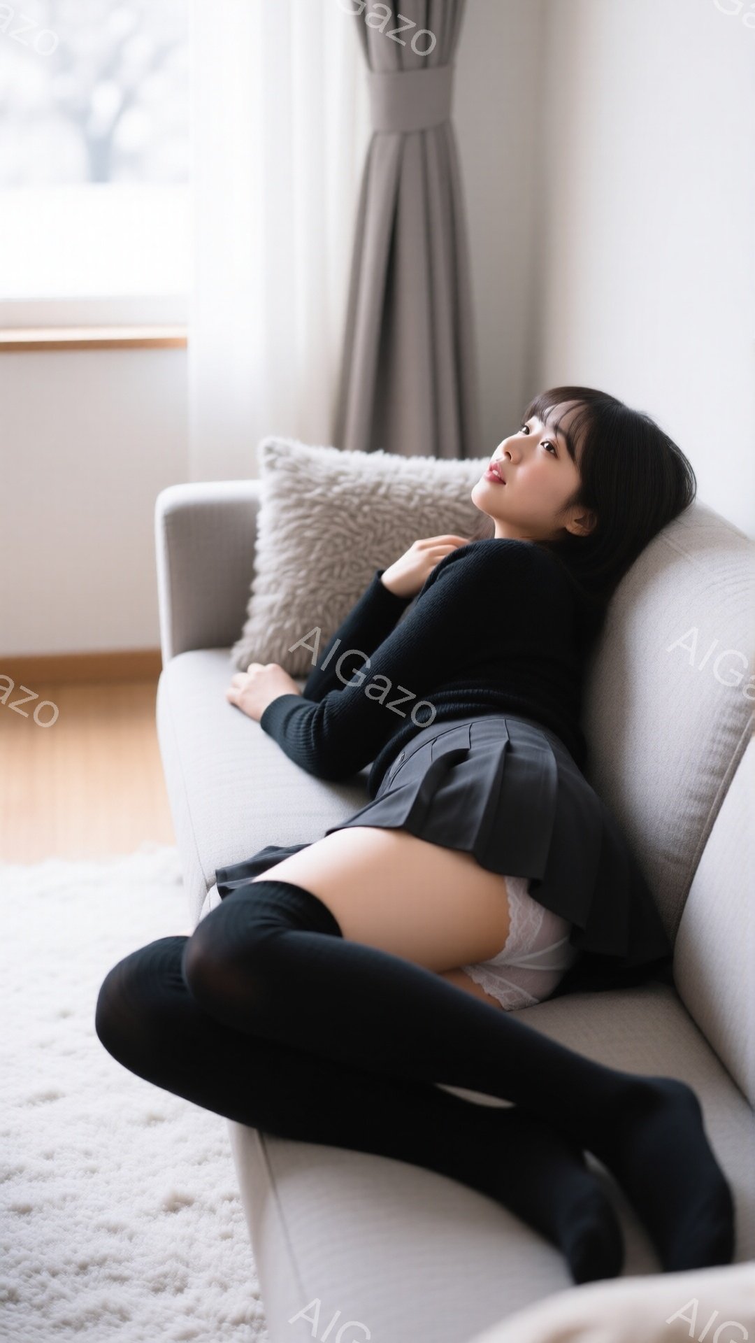 長い黒髪をサイドに流し、黒のタートルネックセーターとグレーのプリーツスカートを身につけた若い女性が、オフホワイトのソファに横たわっています。彼女は、脚を伸ばし、膝の上で両手を組み、少し横を向いて微笑ん - AI生成フリー素材