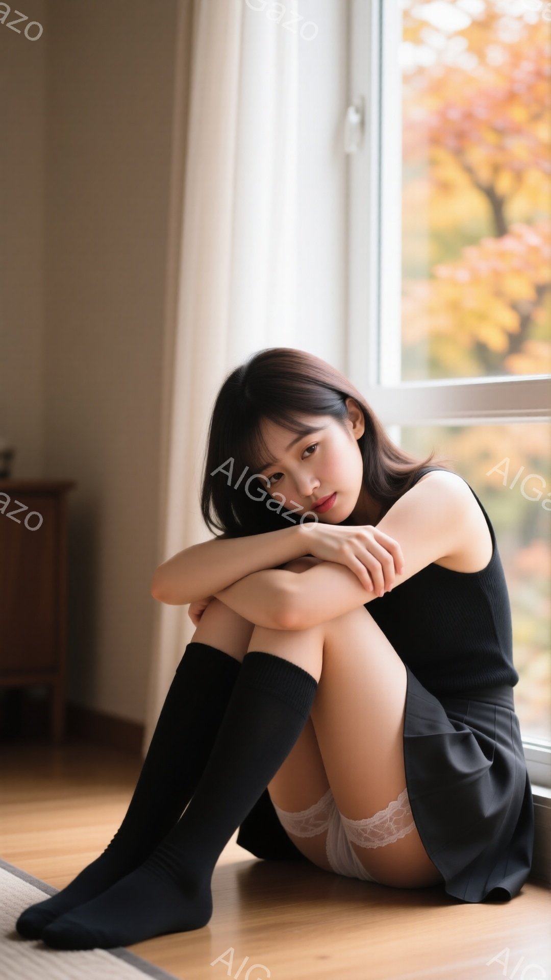 黒い膝丈ソックスと、黒いトップス、黒いミニスカートを着た若い女性が、床に座って膝を抱えています。彼女は少し憂いを含んだ表情で、窓の外の紅葉を眺めています。背景には木製のキャビネットと、鮮やかな紅葉の風 - AI生成フリー素材