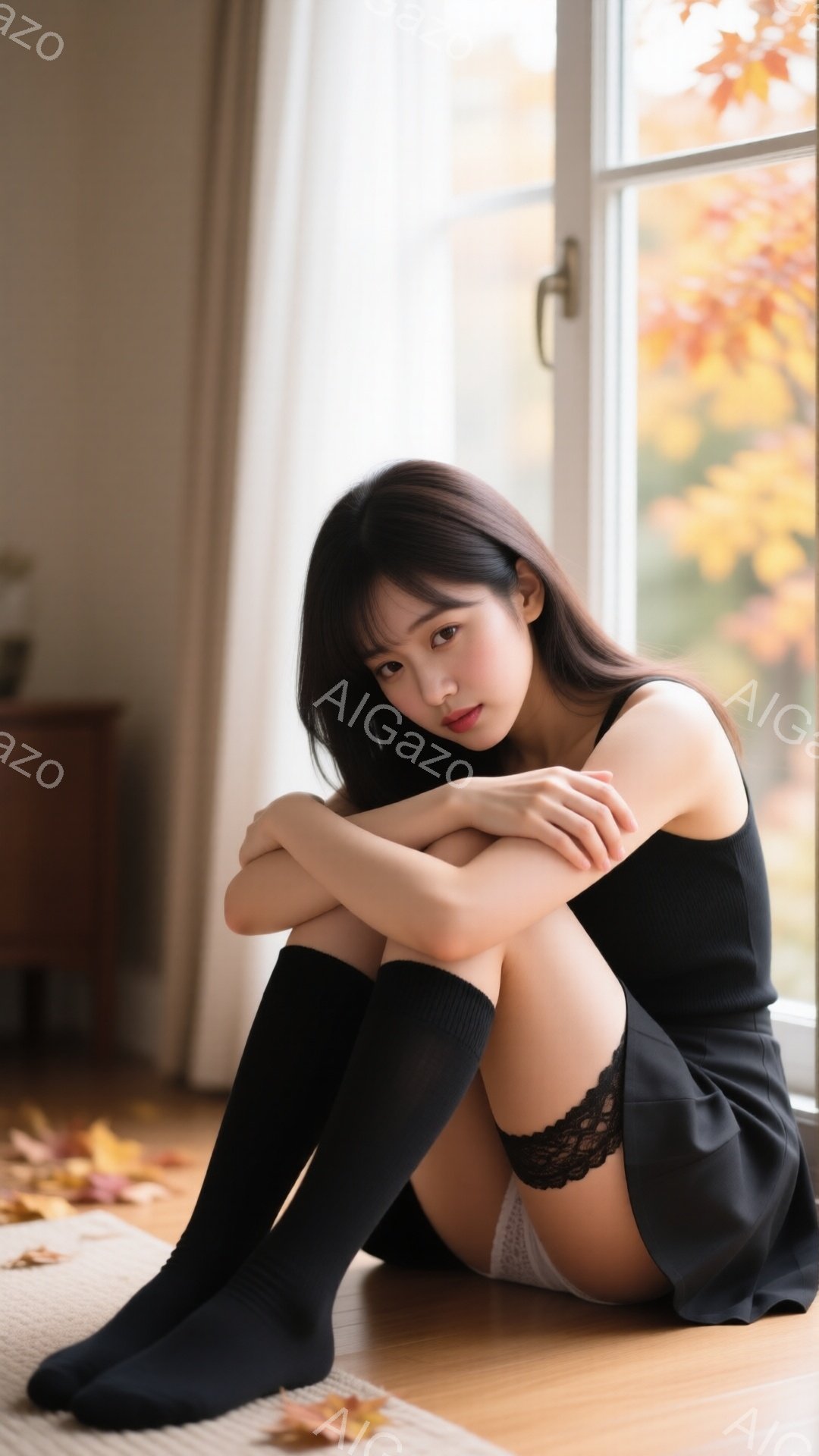 長い黒髪で前髪が目にかかる女性が、窓辺に座って膝を抱えています。黒いキャミソールとスカート、膝丈の黒いソックスを着用し、少し憂いのある表情でこちらを見ています。背景には木の葉が舞う秋の風景が見え、室内は暖かく穏やかな雰囲気が漂っています。